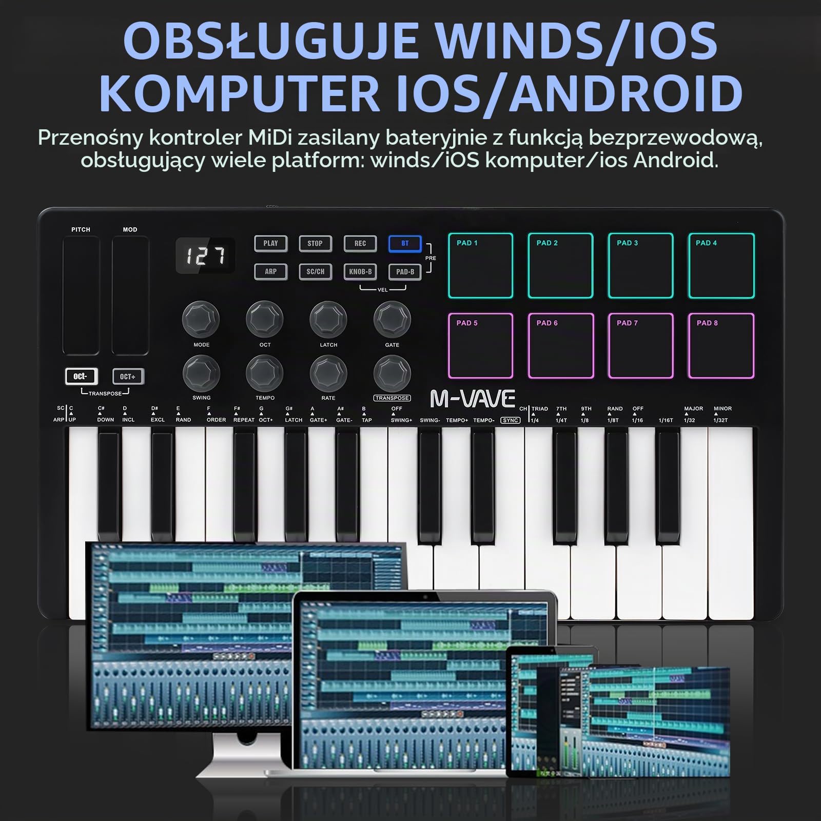 M-VAVE Mini 25-przyciskowa klawiatura MIDI, klawiatura sterująca, klawiatura muzyczna, elektroniczny keyboard MIDI, podkładka kontrolera, SMK-25, czarna i biała, wbudowany akumulator