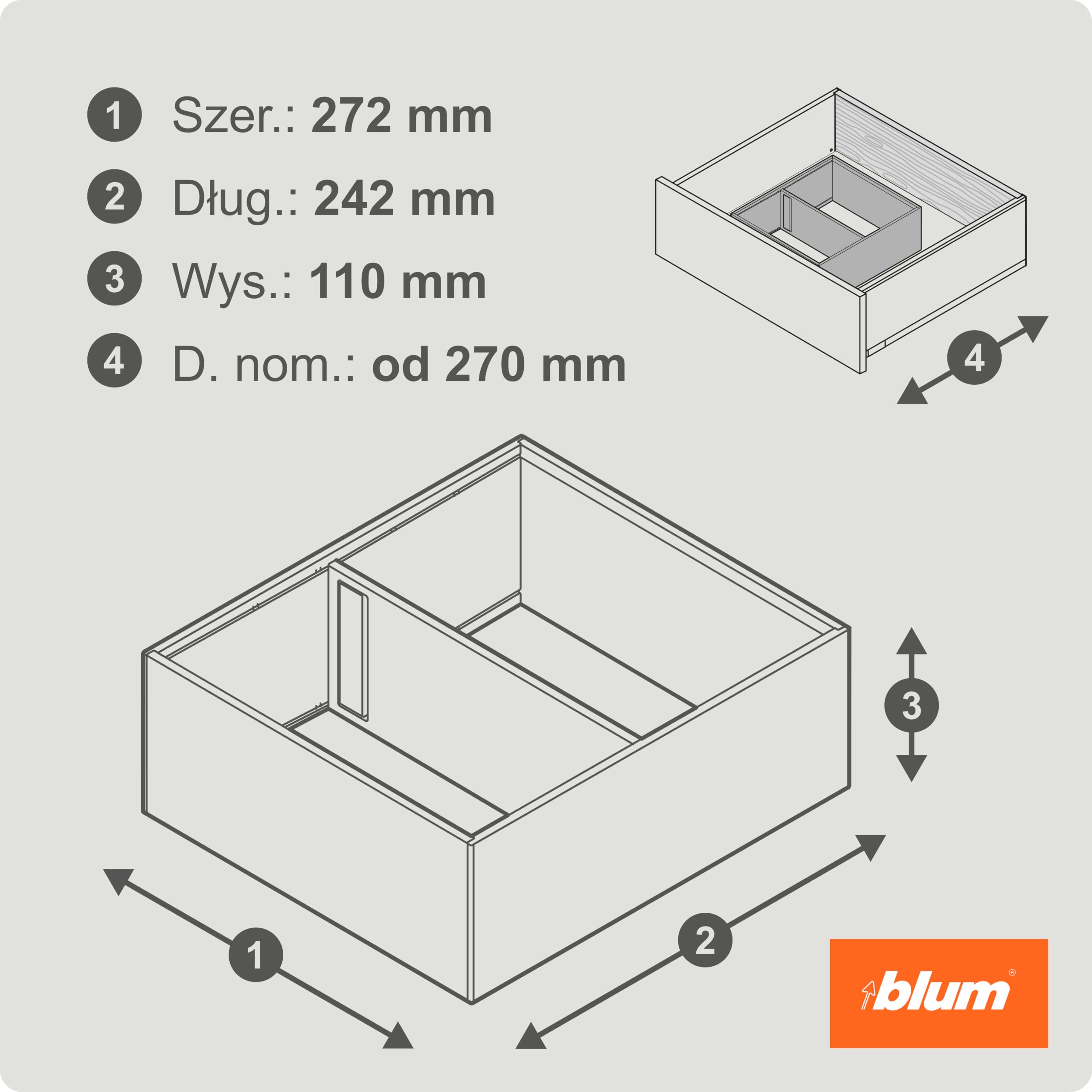 blum AMBIA-LINE organizer szuflady w premium dekorze drewna | idealny kuchnia, łazienka, garderoba | użycie modułowe i pewne trzymanie dzięki nóżkom antypoślizgowym | 27×24×11 cm | Orzech Tennessee