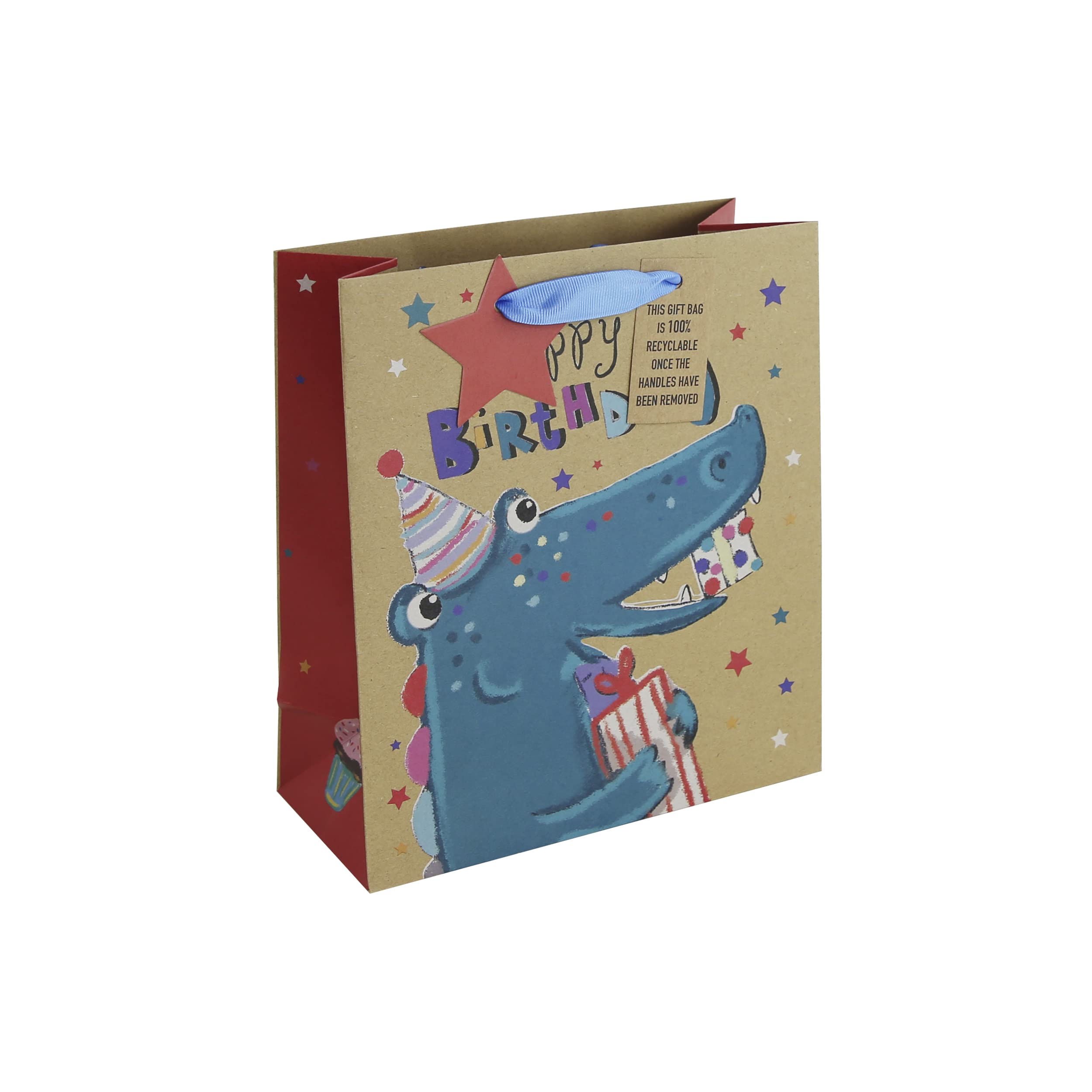 Eurowrap Brown Kraft Paper Crocodile Happy Birthday Gift Bag With Gift Tag, 100% Recyclable Medium