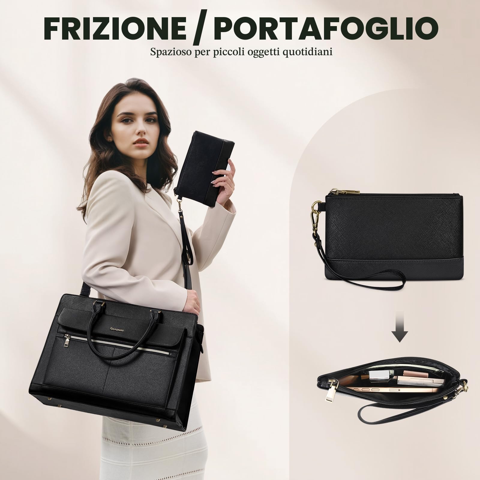 RAINSMORE Borsa Università Donna Borsa Lavoro in Pelle PU Grande Borsa Porta PC 15.6 Pollici Impermeabile a Spalla Tracolla Nero