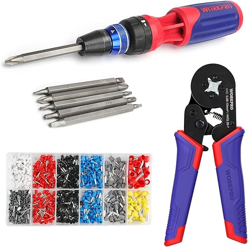 WORKPRO Juego de destornilladores multipuntas 12 en 1, mecanismo de carga rápida, puntas de doble extremo en mango y juego de alicates engarzadores