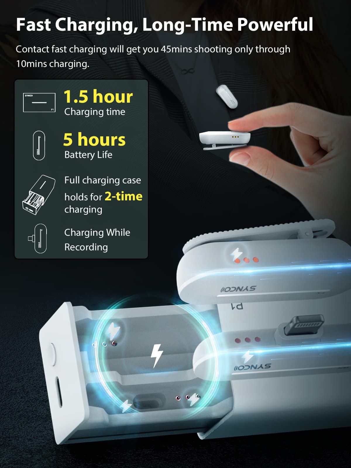 SYNCO P1L 【Certificazione MFi】 di Microfono Lavalier Wireless 2.4Ghz, Custodia di Ricarica Senza Fili per il iphone ipad Vlog Youtube Interviste, Microfono-Lavalier-Wireless-iphone-telefoni cellulari