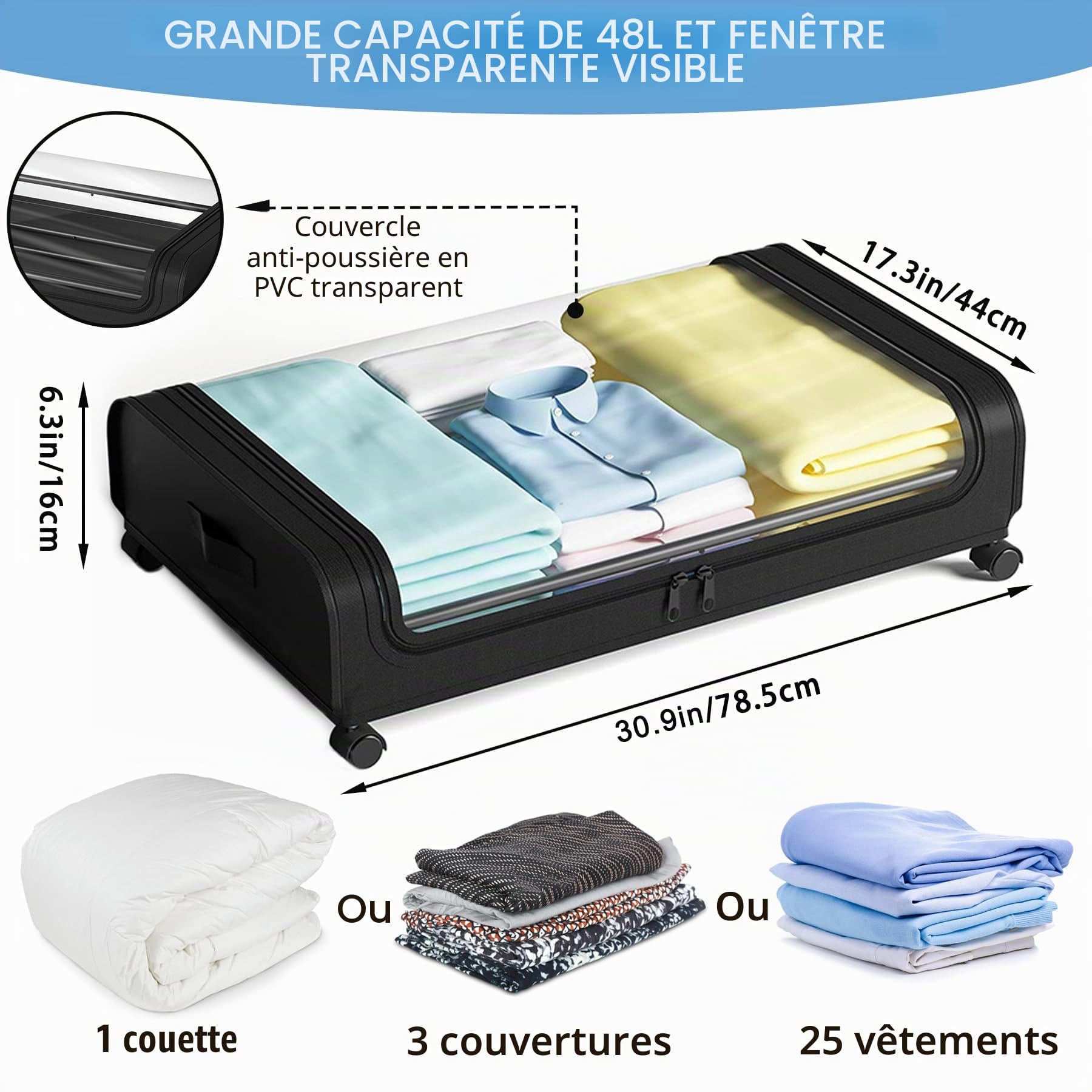 2 Pcs Rangement Sous Lit Boite Housse Sac Rangement Vetement avec Roulette et Couvercle Cadre métallique Placard Tiroir Organisateur Bac Chambre Drap Caisse pour Vêtements Jouets Livres Chaussure,Noir