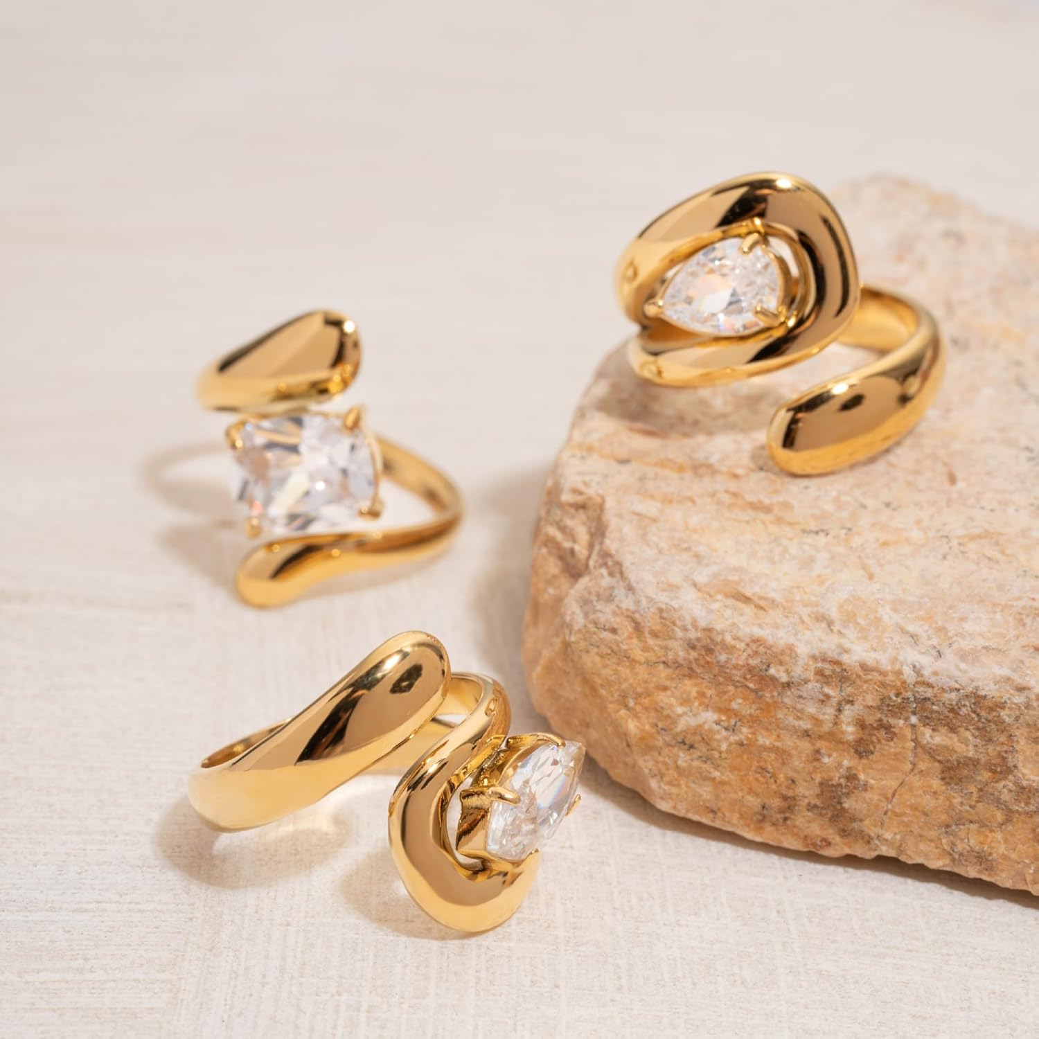 Chunky Thumb Rings For Women, 14k Gold Plated Minimalist Teardrop Cubic Zirconia Open Spiral Wrap Twist Non Tarnish Stainless Steel Statement Jewelry Gift - Image 4