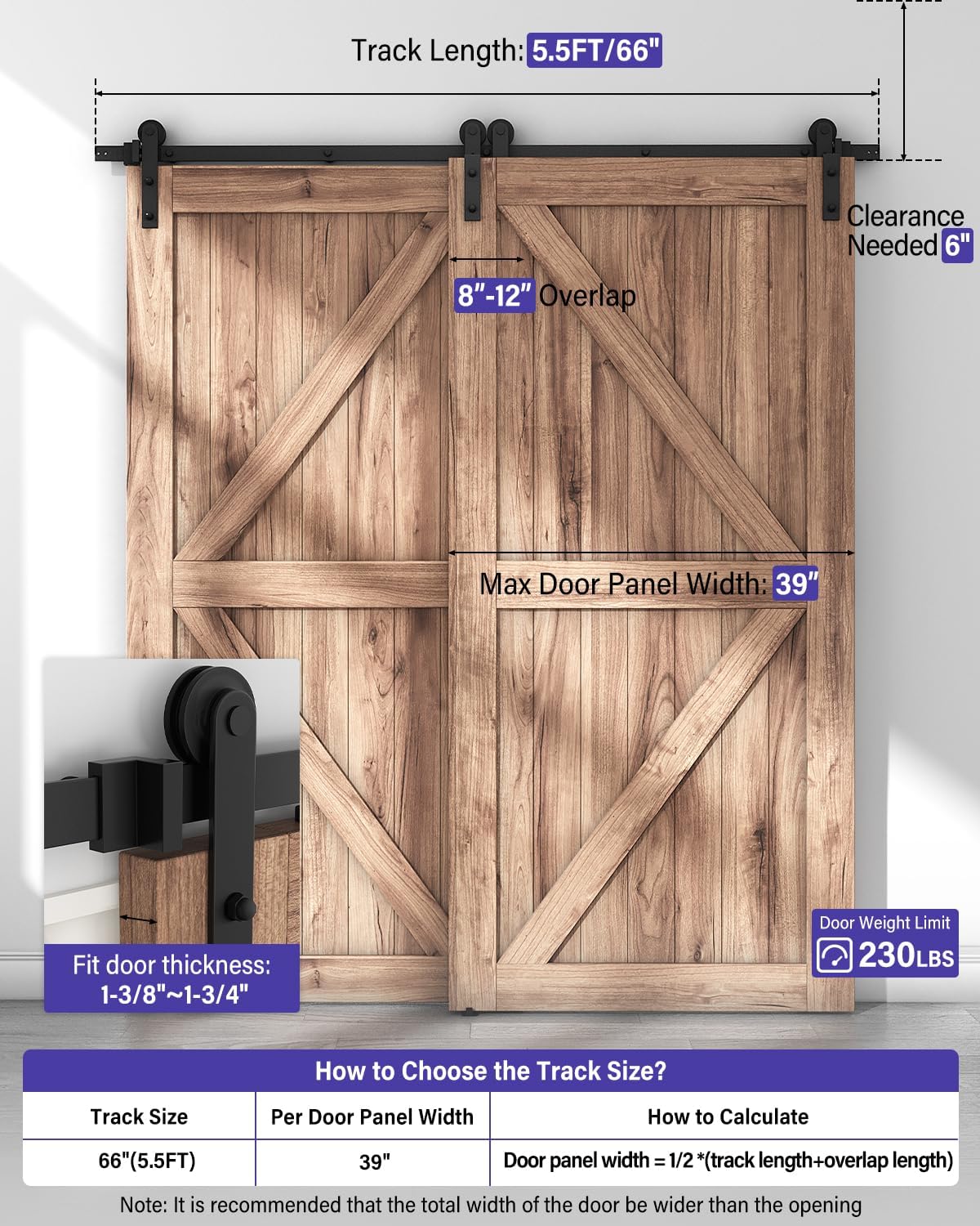 Diagram showing dimensions and clearance requirements for the barn door hardware kit, including track length, door panel width, and ceiling clearance.