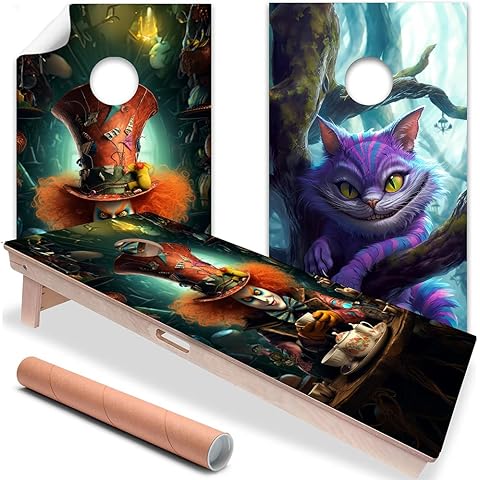 Cornhole Board Wrap and Decal for Board Set of 2 Skins Professional Vinyl Cover The Mad Hatter and The Cheshire Cat Alice in Wonderland Cornhole Wraps Stickers Cornhole Skins Cornhole Wraps for Boards
