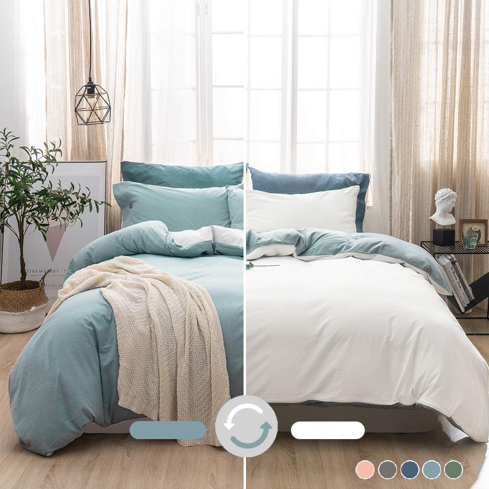 MILDLY Queen Duvet Cover Blue 100% Washed Cotton Cover Set 3pcs Reversible Bedding Set with Zipper Ties(No Comforter)