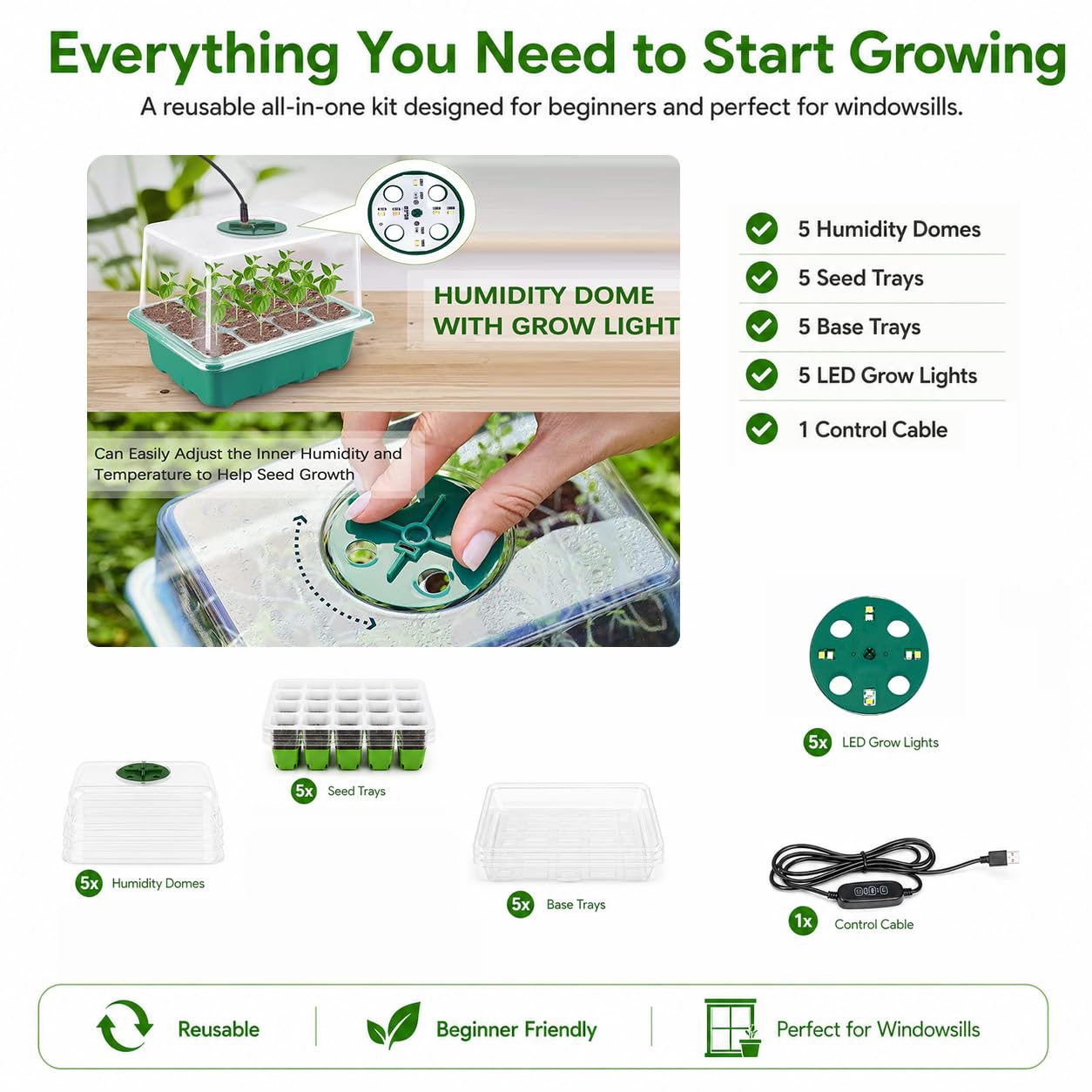 Bandejas de Semilleros,5 Pcs Semilleros de Germinacion con Luces para Plantas,Silicona Flexible Células Invernadero Pequeño Bandejas,Germinador de Semillas con Regulador De Tiempo,Humedad Ajustable