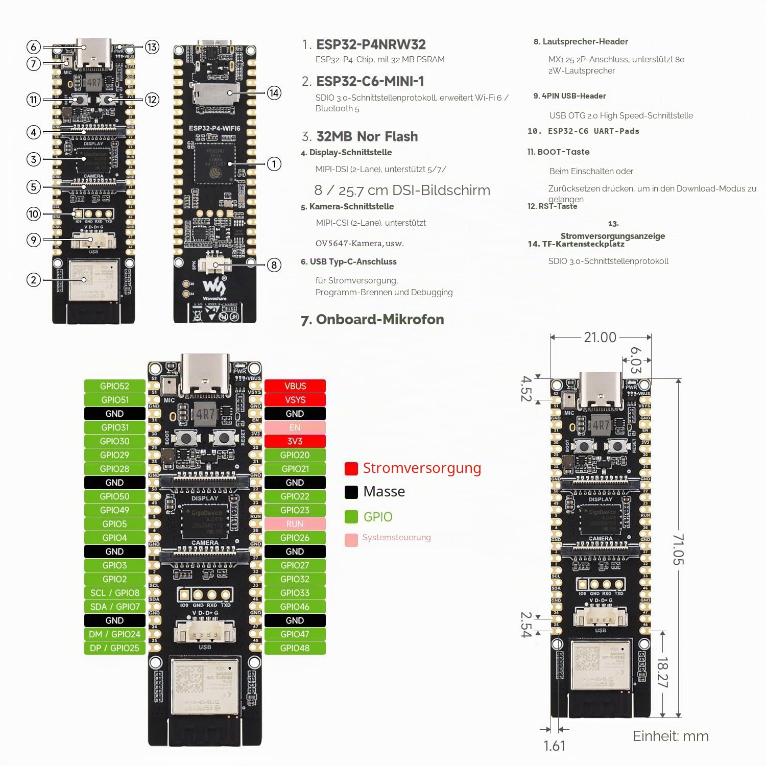 Waveshare ESP32-P4-WIFI6-KIT-B(with RPi Camera & 10.1inch DSI Touchscreen), High-Performance Development Board, Based On ESP32-P4 and ESP32-C6, Supports Wi-Fi 6 and BT 5 / BLE