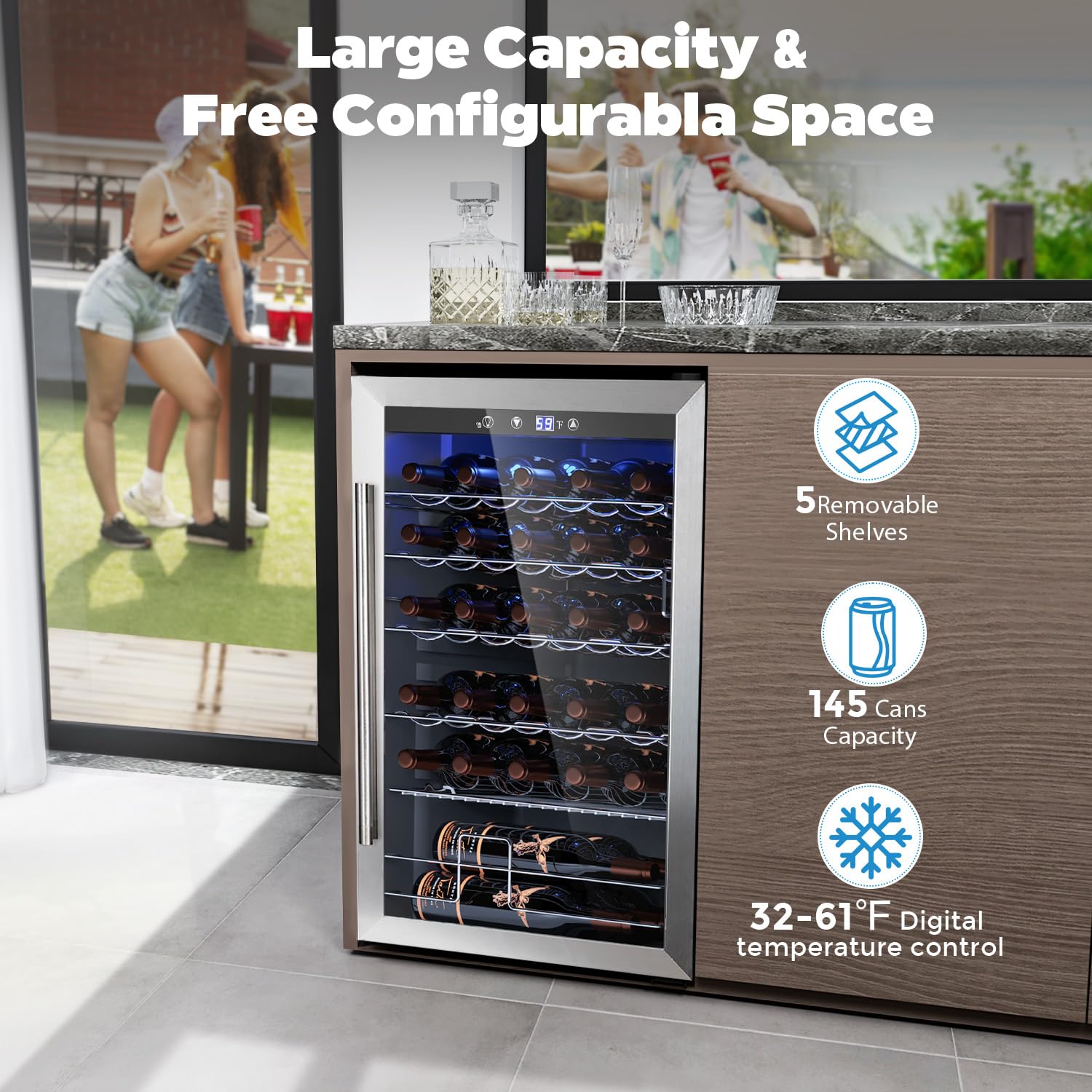 COWSAR 37 Bottle Wine Fridge, 4.45 Cu.Ft Freestanding Commercial Beverage Refrigerator with Reversible Double Pane Glass Door & Adjustable Wavy Wire Shelves, Wine Cooler for Kitchen Bar, Silver on Fridge.com