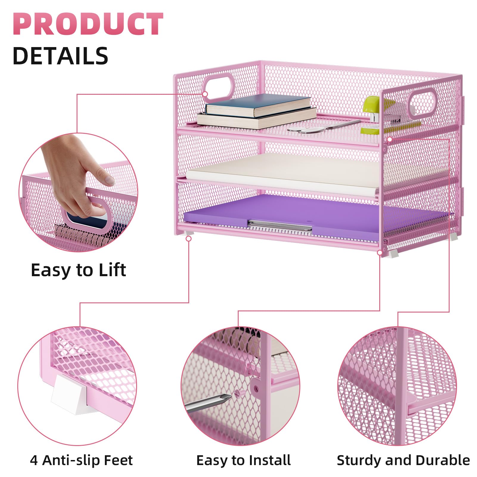 Marbrasse Organizer Scrivania, Scrivania a Rete Vassoio Portacarte 3 Scomparti con Maniglia Organizzatore,Organizer per File A4,Portapenne per Casa Ufficio(Rosa)