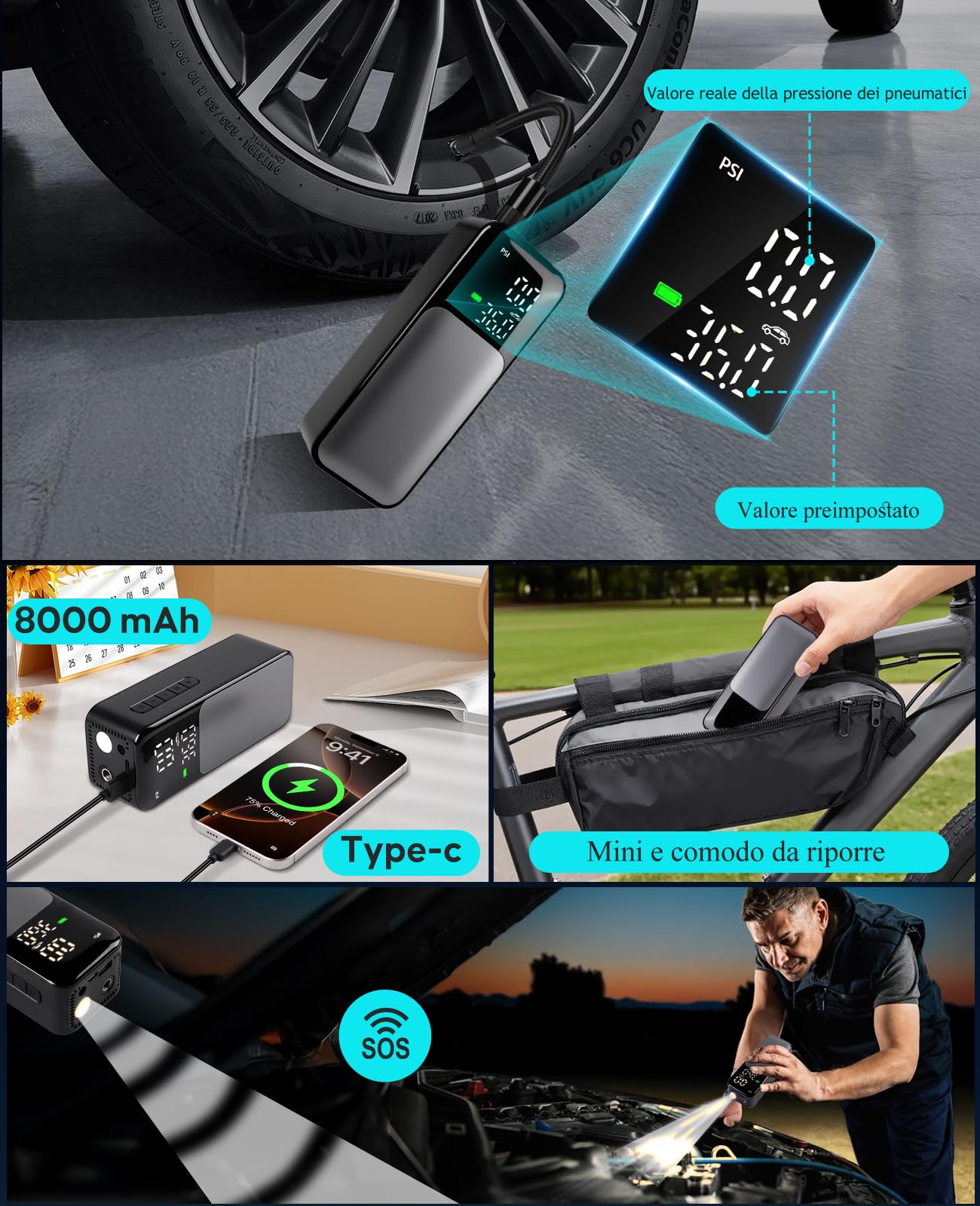 Compressore Portatile a Batteria – Compressore Aria Portatile per Auto, Moto & Bicicletta, 150 PSI, 8000 mAh, Mini Compressore con LED, Display Digitale e Spegnimento Automatico