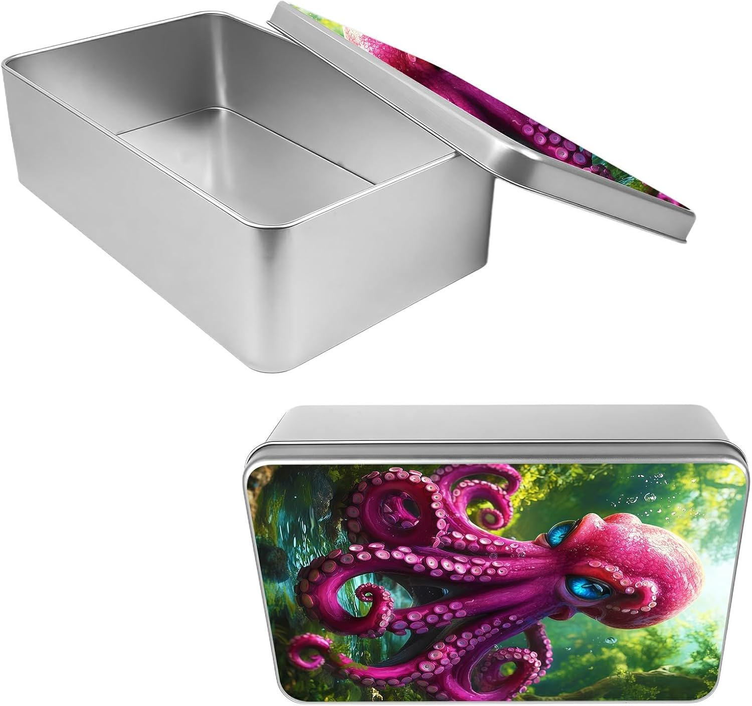 Metal Tin Box with Lid 4.92 x 3.54 x 1.57 Inches, Multipurpose Medium Storage Container for Crafts Jewelry Car Keys Cookies Ideal for Gift Giving Holiday Party Favor, Pink Octopus Forest