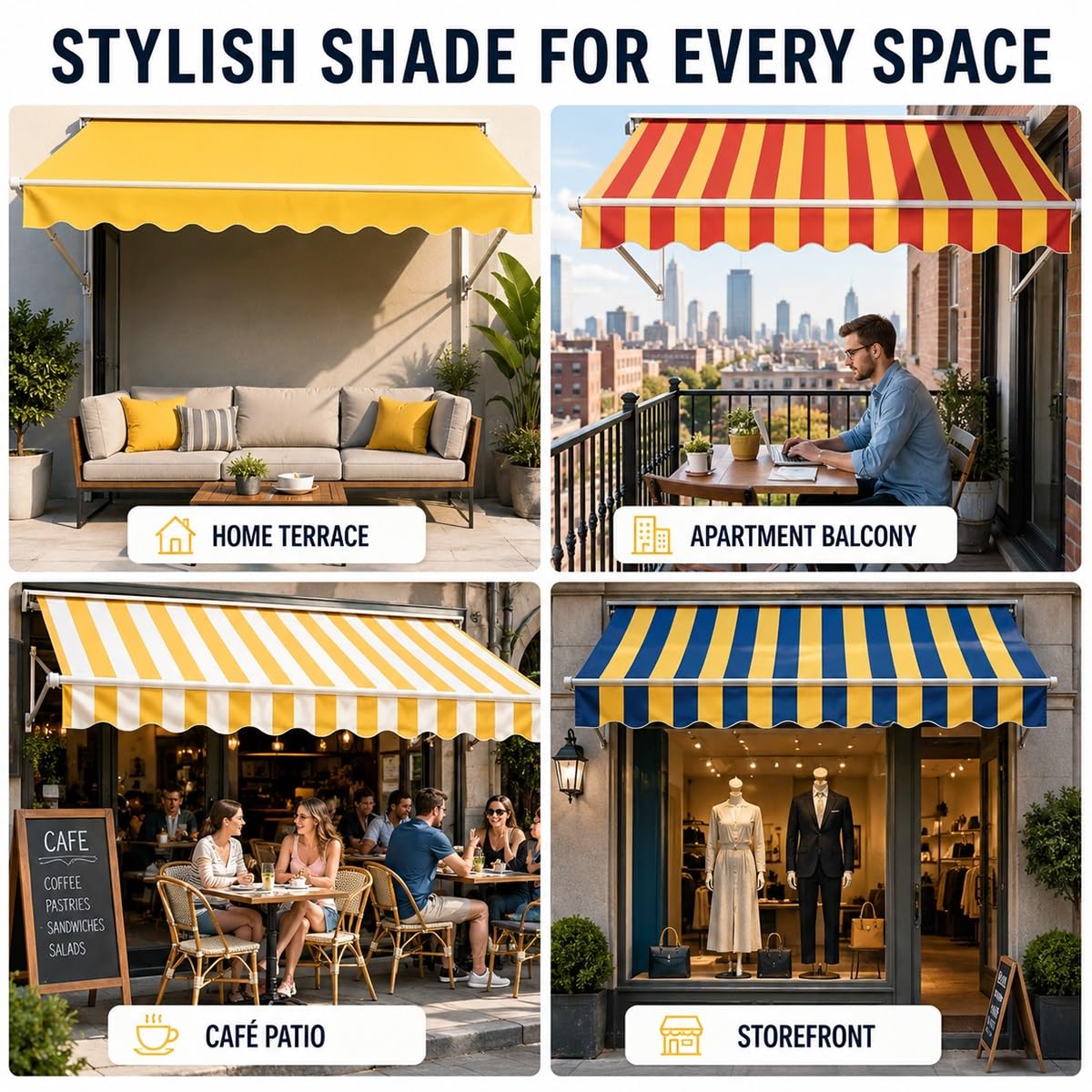 Générique Toile de Rechange pour Store Banne 350x250cm Rayures Jaunes Toile Polyester Imperméable Anti UV pour Store Banne Auvent de Café Lambrequin sans Cadre Toile pour Store Banne de Fenêtre