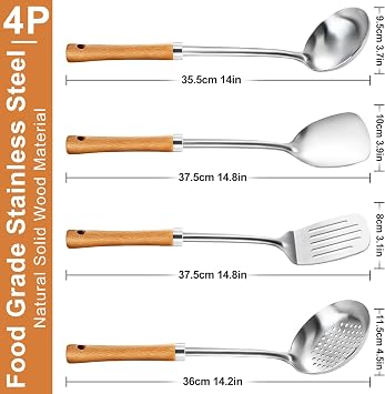 Pleafind Cooking Utensils Set - Stainless Steel Kitchen Utensils Set with Wooden Handle, 4 Pcs Utensils Set Include Wok Ladle, Slotted Spoon, Wok Spatula and Slotted Spatula