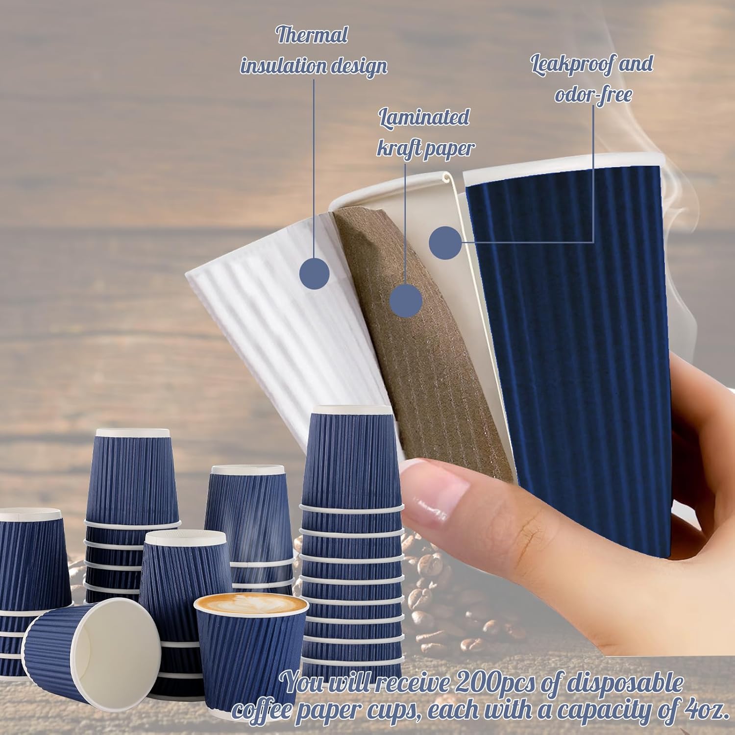 200 Pcs 4oz Paper Espresso Cups Ripple Wall Hot Cups For Coffee Disposable Coffee Cup Paper Hot/Cold Drinking Cups for Party, Picnic, Travel and Events (Blue) - Image 4