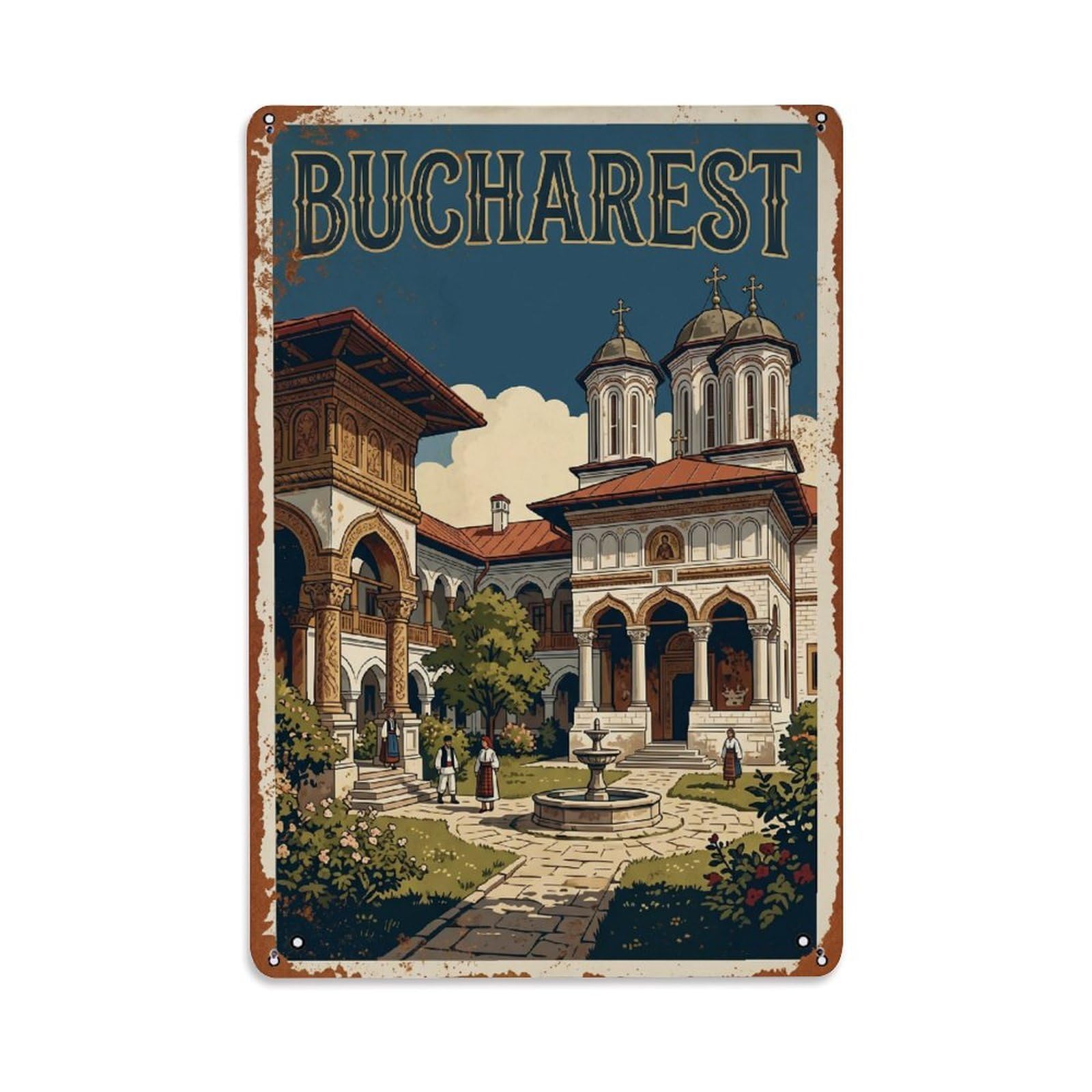 Vintage Travel Bucharest Casin Monastery Historic Romania Metal Tin Sign Plaque Wall Decor for Cafe, Club Bar, Office, Home Garden Metal Poster 8x12Inch