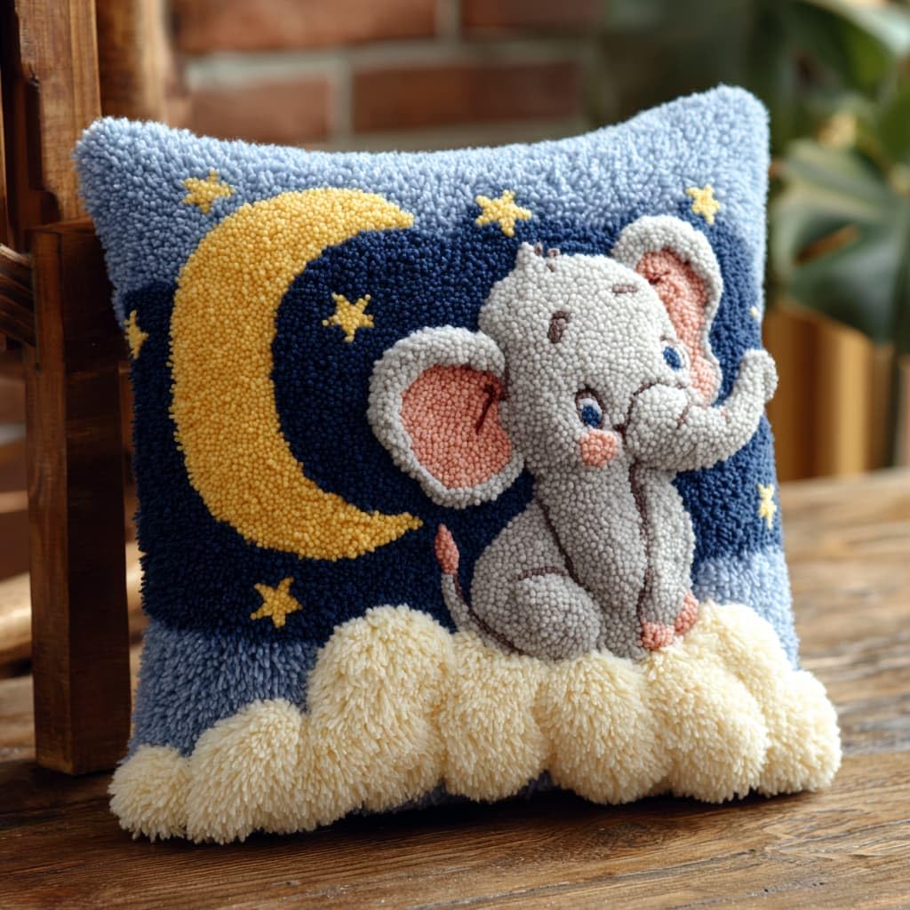Taxpy Latch Hook Pillow Kits, Elephant and Moon Pillowcase with Preprinted Throw Pillow Crochet Yarns Knitted Latch Hooking Cushion for Home Sofa 17x17inch