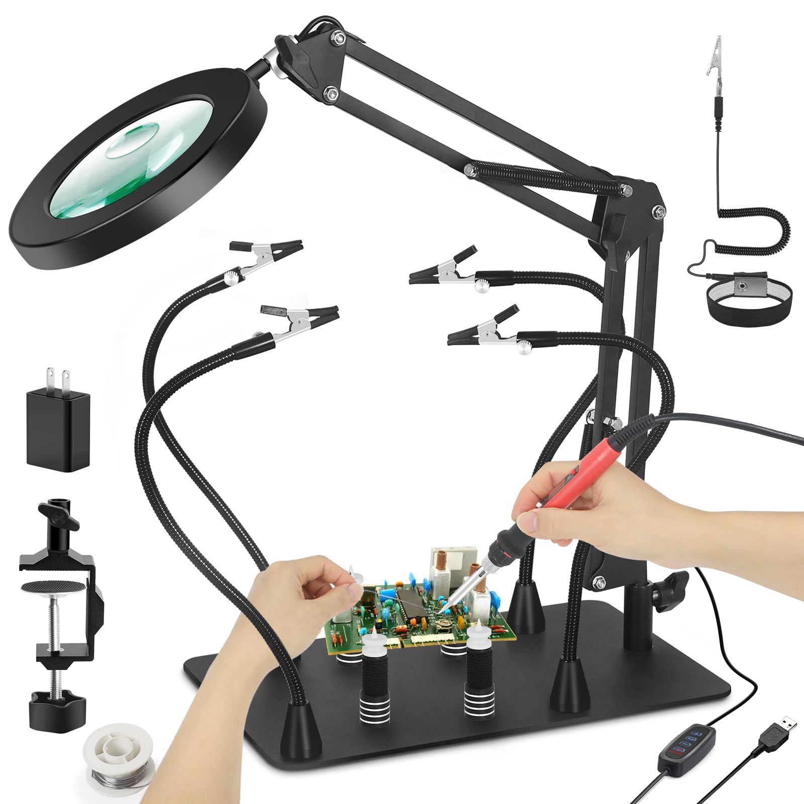 Lupa magnética para soldar de tercera mano, flexible 5X y 10X con luz y soporte, base grande y lámpara de aumento de abrazadera, brazos de soldadura para soldar, manualidades, pasatiempos