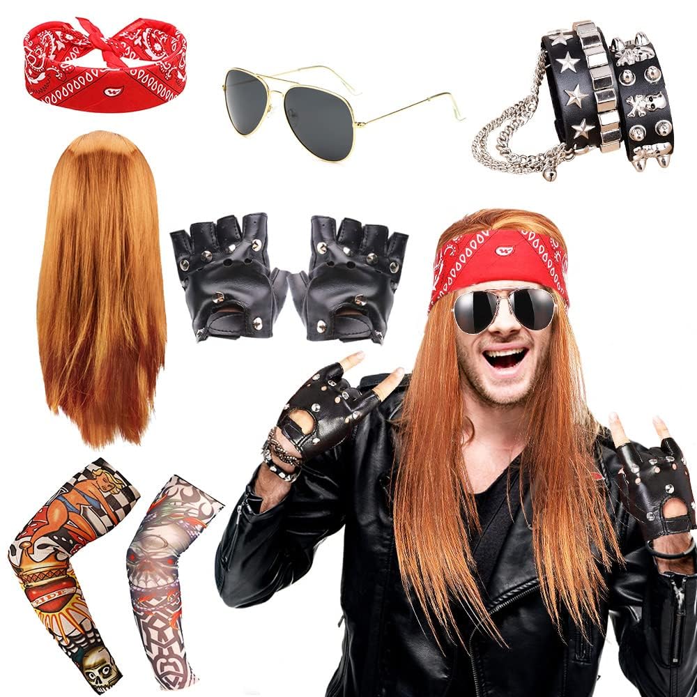 BIQIQI 8 Pcs Rockstar Fancy Dress, 70s 80s Heavy Metal Disco Wig Punk Costume Accessories Vintage Headband Sunglasses Gloves Tattoo Sleeves for World Book Day Disco Carnival Party
