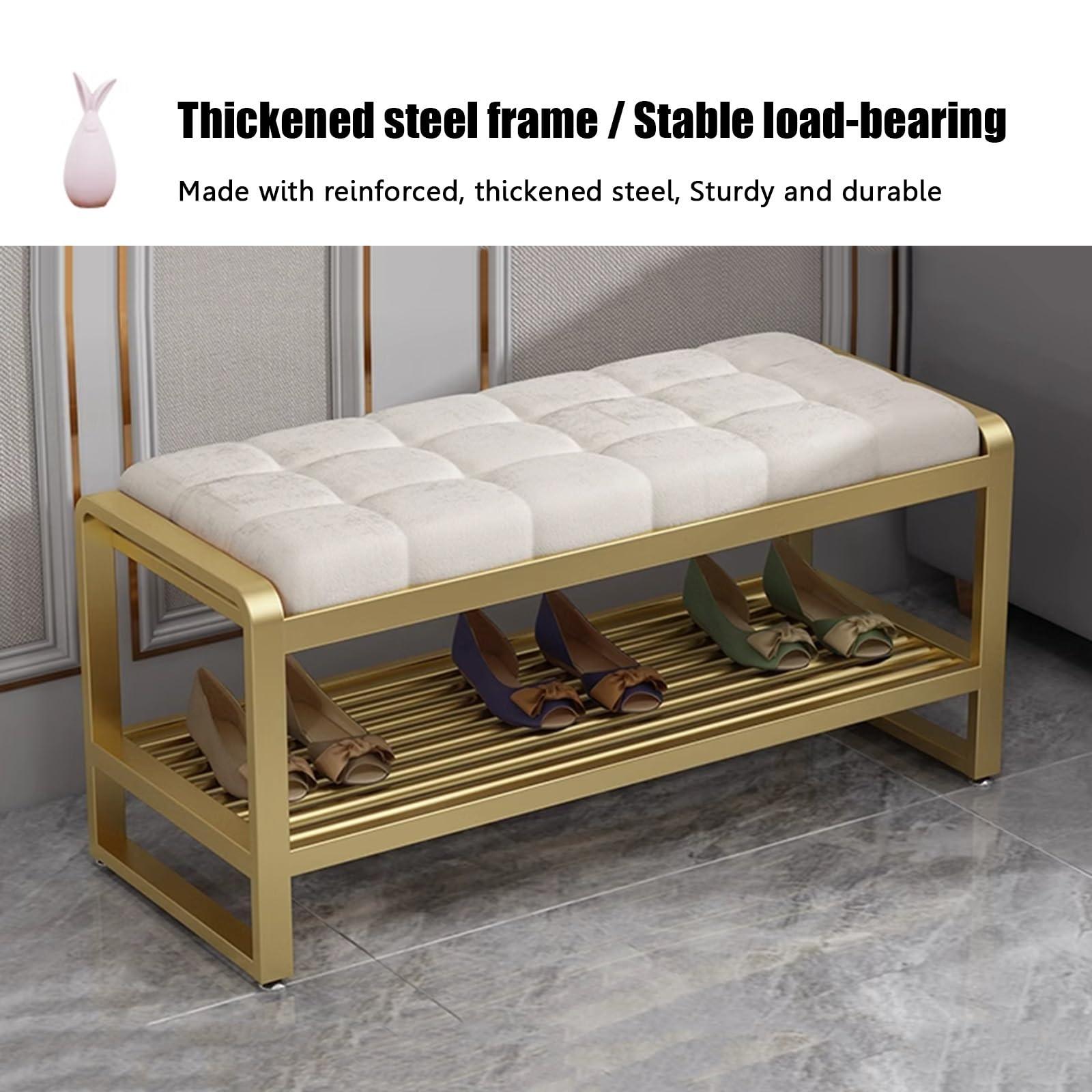 Ławka Shoe Rage z siedziskiem wyściełanym pianką, tapicerowana sztuczną skórą, metalowa rama, stylowy przedpokój i pomieszczenie gospodarcze