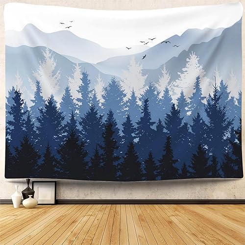 Mocsicka Tapiz de bosque azul, silueta de montañas, naturaleza, pino, bosque, tapices para colgar en la pared para habitación, 59 x 51 pulgadas