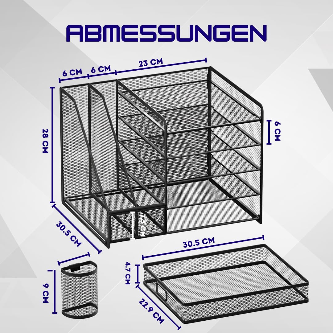 Lukana Schreibtisch Organizer mit 5 Ablagen – Briefablage, Stiftehalter & Schublade – Büro Organizer aus Metall Mesh – Dokumentenablage A4 – Platzsparend Schwarz