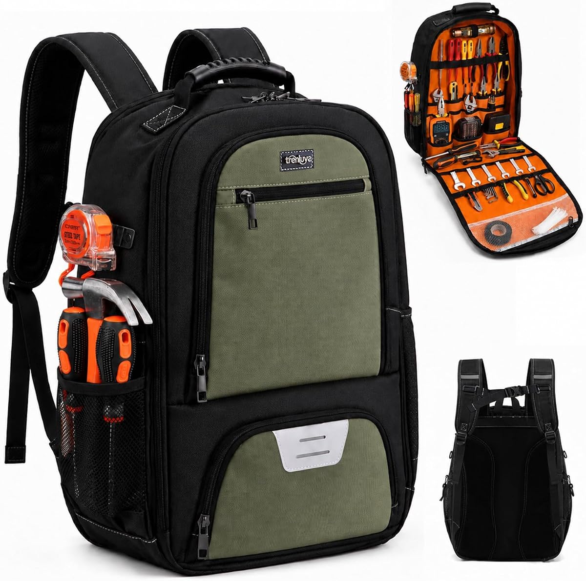 Tool Backpack for Men with Laptop Sleeve, Heavy Duty Tool Bag, Green | Padded Shoulder & Waist Support, Multi-Pocket Storage, Fits 15-16 inch laptops, for Electrician, Repairman, HVAC Techs