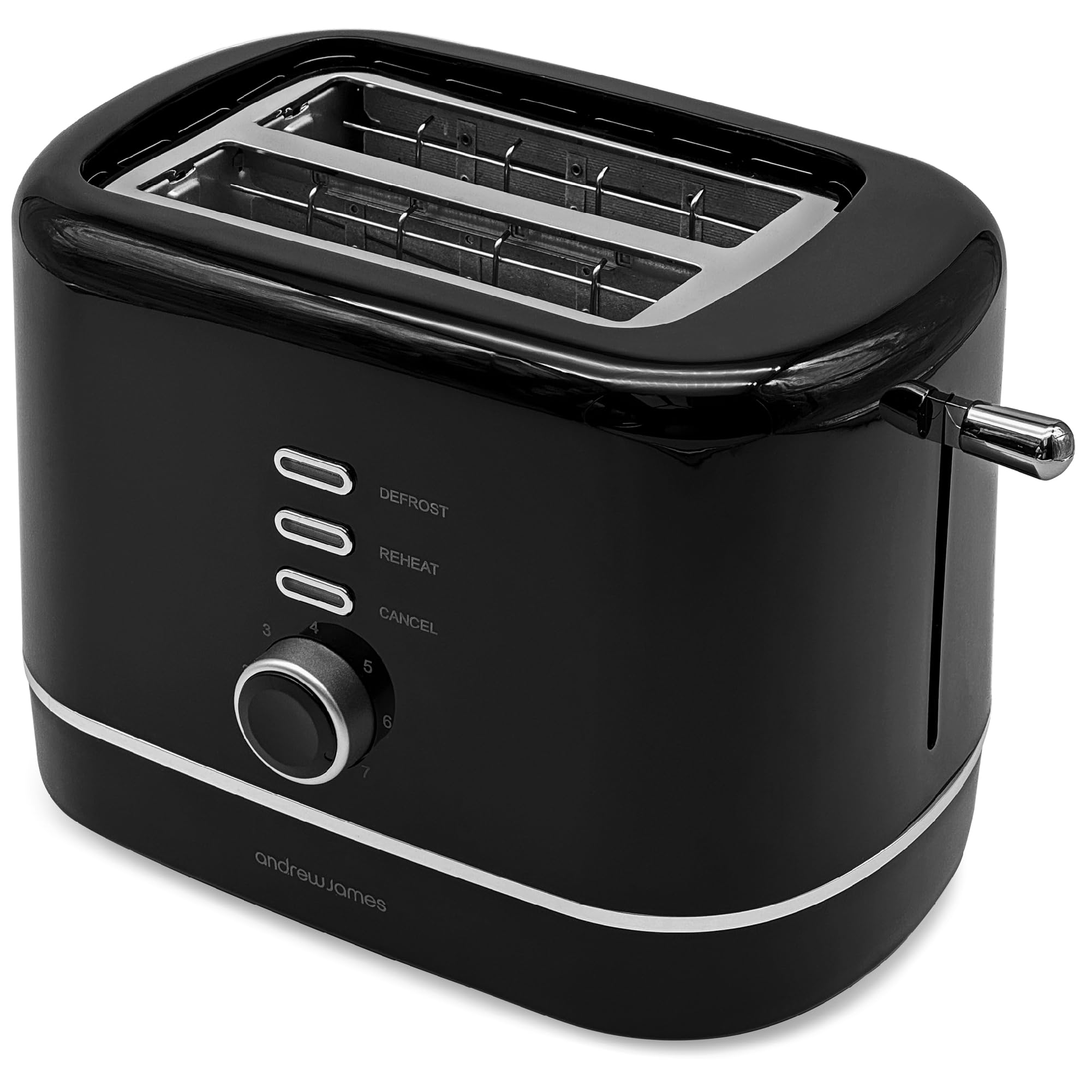 Andrew James Toaster 2 Slice – Black 2 Slice Toaster with Silver Trim – Stylish & Modern, Adjustable Browning Control, Removable Crumb Tray, Ideal for Breakfast – Modern Kitchen Appliance