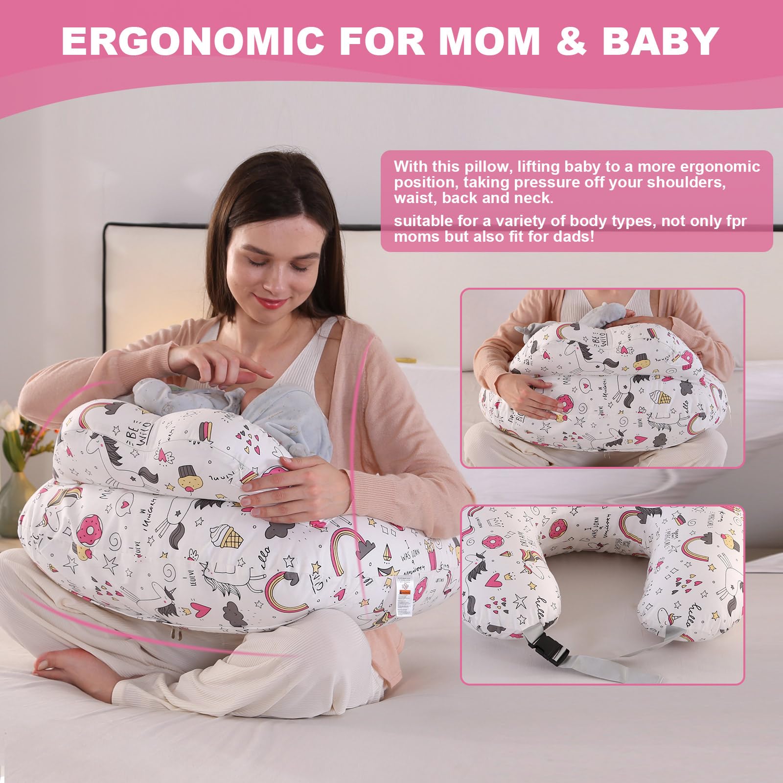 SHANNA Baby Nursing Pillow for Breastfeeding: 100% Cotton Pregnancy Pillow with Adjustable Waist Strap Baby Breast Feeding Pillow Soft and Comfortable Machine-Washable for Newborn(Rainbow Donut) - Image 3