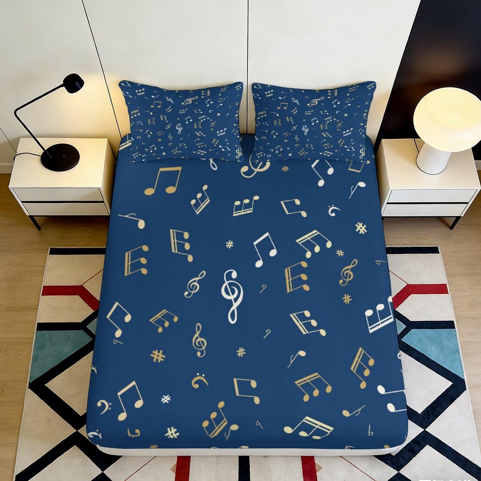 3D Printed Musical Notes Fitted Sheet Microfiber Blue Soft Breathable Music Pattern Bed Cover for Bedroom Dormitory Guest Room Mattress Protection 140x200x25cm