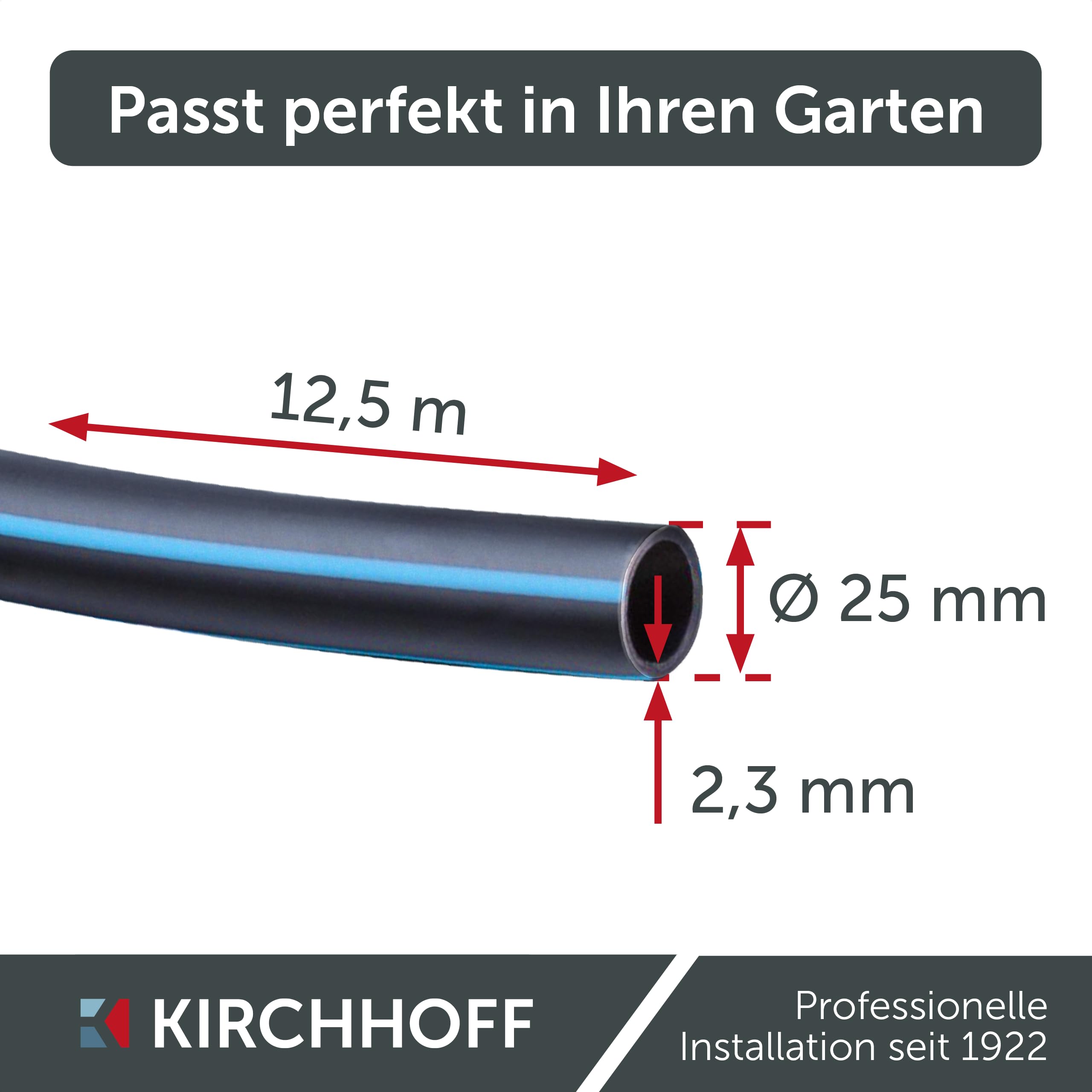 Kirchhoff Wasserleitung für Gartenbewässerung 25 mm x 12,5 m | PE Rohr für Sprinklersystem | Verlegerohr HDPE | DVGW | Trinkwasserleitung | Made in EU