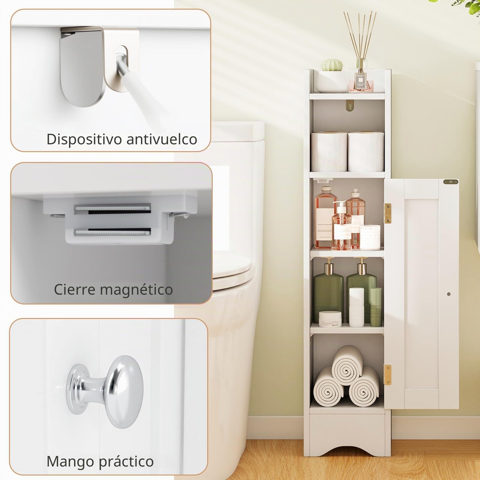 LIFEZEAL Armario de Baño Pequeño, Independiente con Puerta, Armario Estrecho para Baño con Estantes Ajustables, Armario de Suelo para Espacios Pequeños (Blanco)