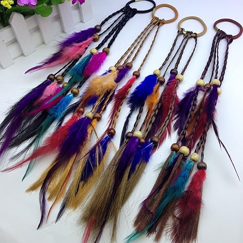 Miniatura 2 de 4 piezas de cuerda de pelo hippie bohemio hecha a mano para mujer, bandas elásticas para el pelo con plumas, accesorios para el cabello, tocado