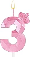 Vista 1 de Vela con números, vela de cumpleaños de 2.95 pulgadas, vela de pastel 3D, corona rosa, velas de cumpleaños para niñas, decoración para fiesta