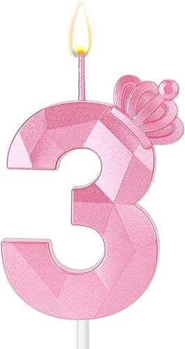 Vela con números, vela de cumpleaños de 2.95 pulgadas, vela de pastel 3D, corona rosa, velas de cumpleaños para niñas, decoración para fiesta de