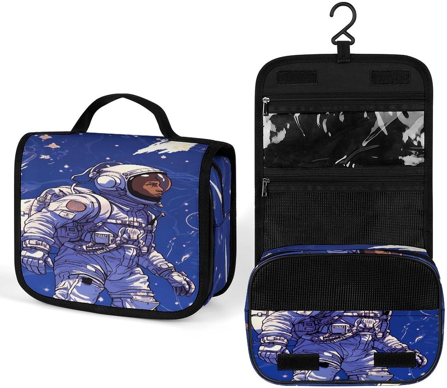 Black Astronaut on Blue Wash Bag Portable Makeup Pouch