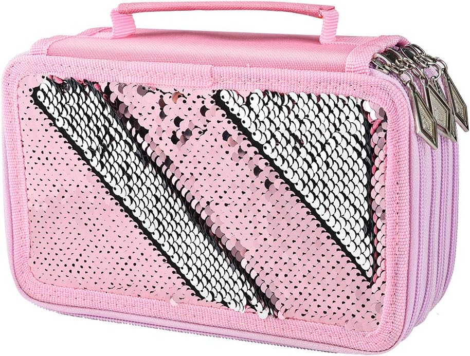 Asiv Portable Sequin Pencil Case, Large Capacity 4 Layers 72 Slots Colored Pencil Organizer Bag for Crayon, Watercolor Pencils Markers, Gel Pens, Cosmetic Brush, for Students, Pink