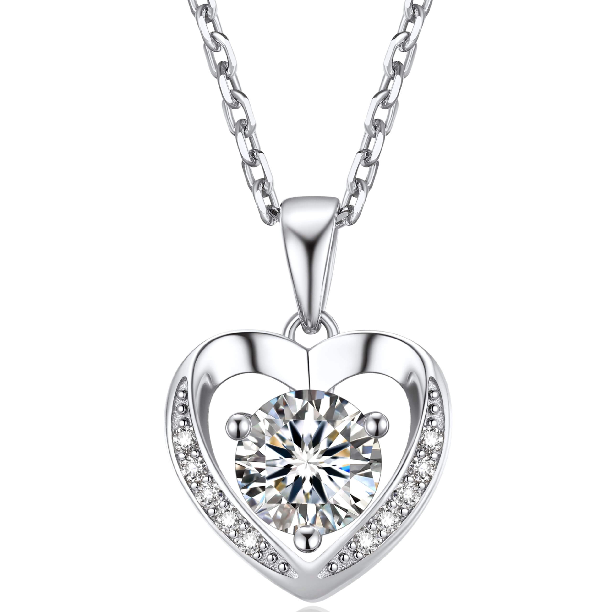 MomentWish Collana da donna in argento 925, 1 carati, con ciondolo a forma di moissanite, in oro rosa, con ciondolo a forma di cuore, in argento, con confezione regalo, San Valentino, regalo per donne