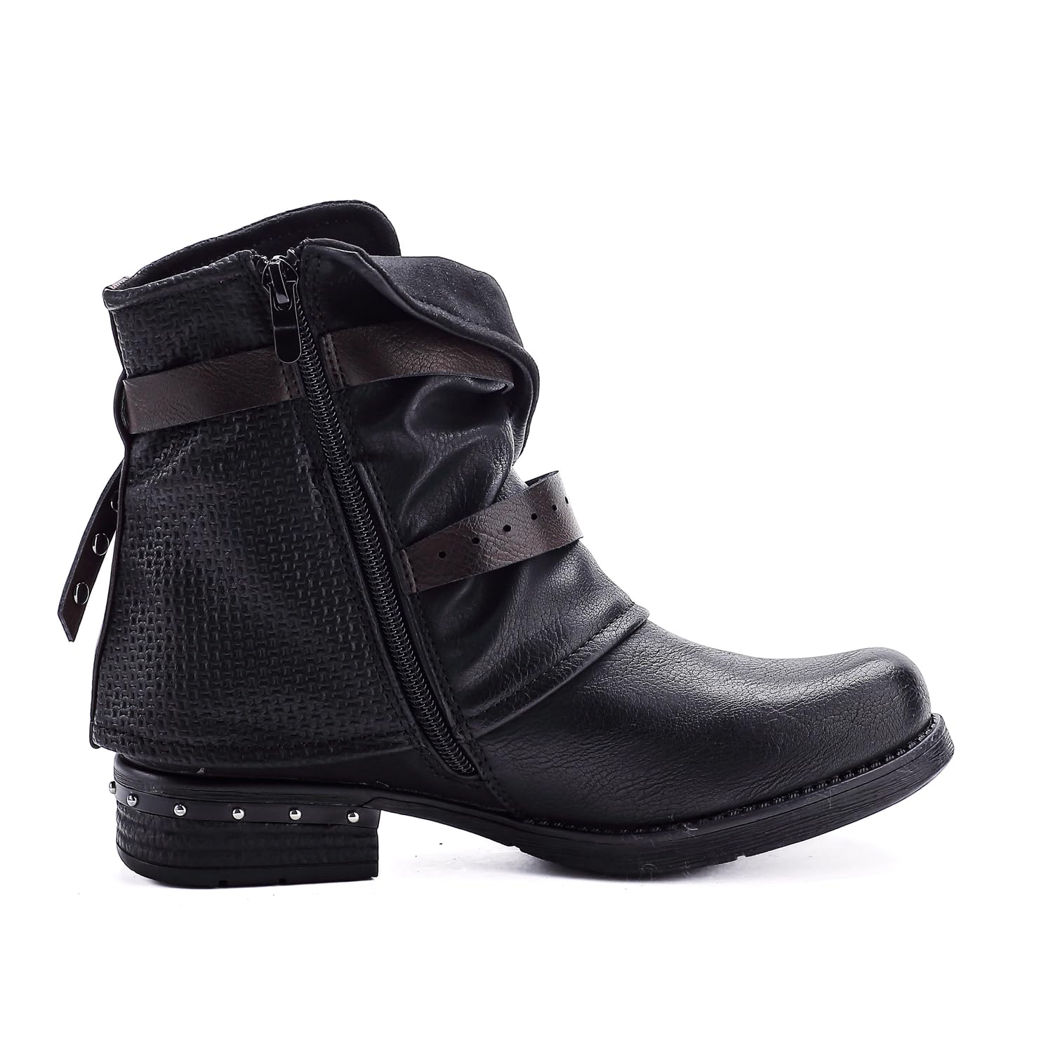 Pogolino 2520 - Stivaletti da donna con borchie, con cerniera, piatti, comodi