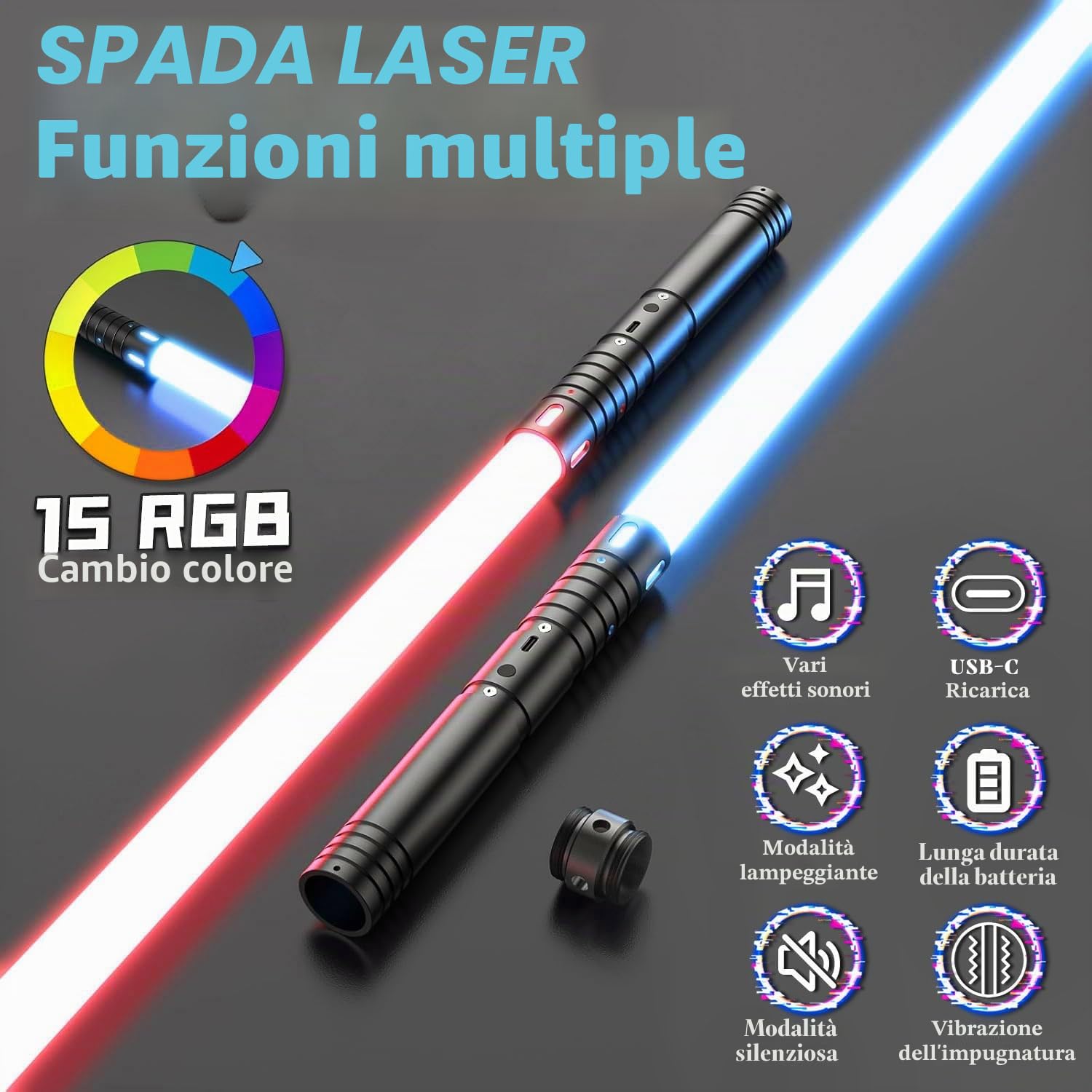 Spada Laser, Spade Laser Bambino con 15 Colori, Lightsaber Duello per 4 modalità Suoni, Spada Laser Ricaricabile USBC con Manico Metallico, Spade Laser per Halloween, Regalo di Natale (Nero 2PC)