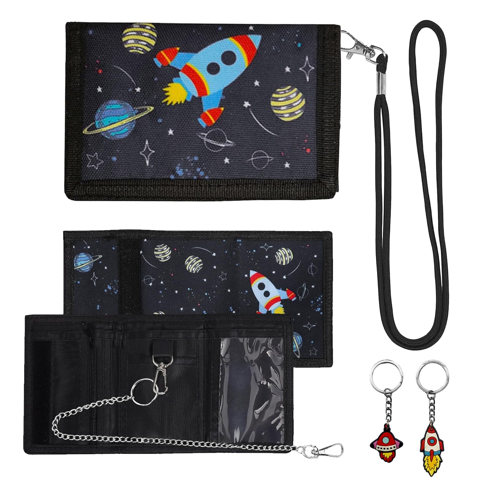Porte-Monnaie Spatial Enfant Fusée - Trifold Avec Chaîne Métal Et Velcro, 8x12cm Idéal Garçons Filles