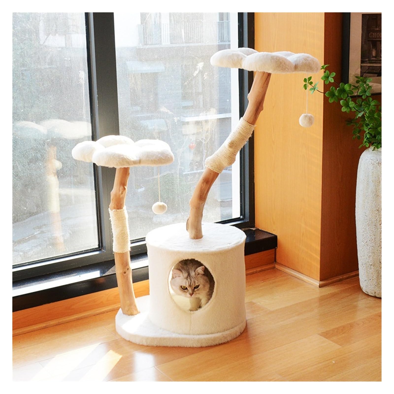 Tiragraffi integrato in legno massello stile fiore | Aspetto floreale, struttura in legno massello, tiragraffi in sisal, nido for gatti integrato, gatto decorativo for interni