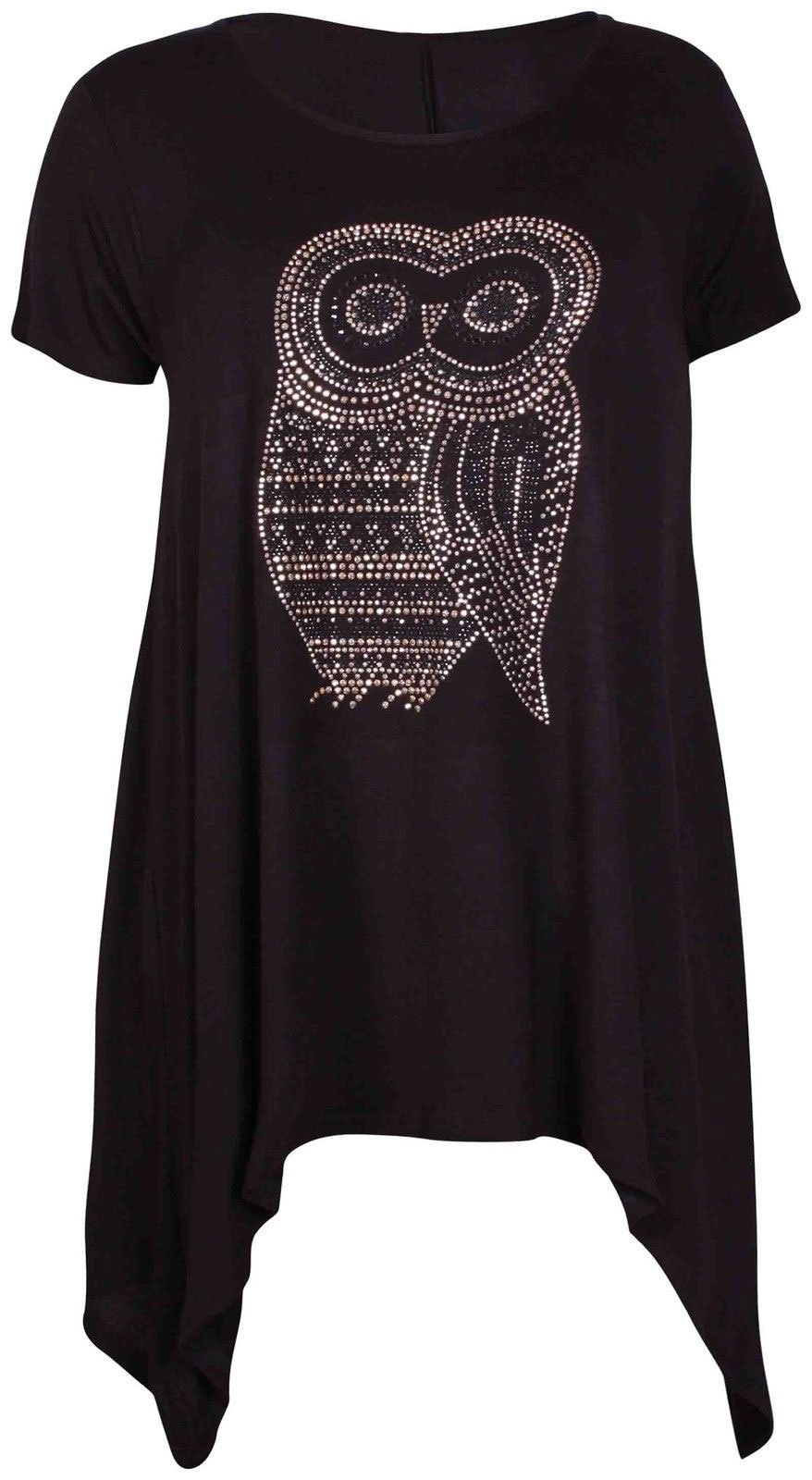 Nauvelle Women's Black New Plus Size Owl Diamante Stud Tunic Flared Top Size 26/28