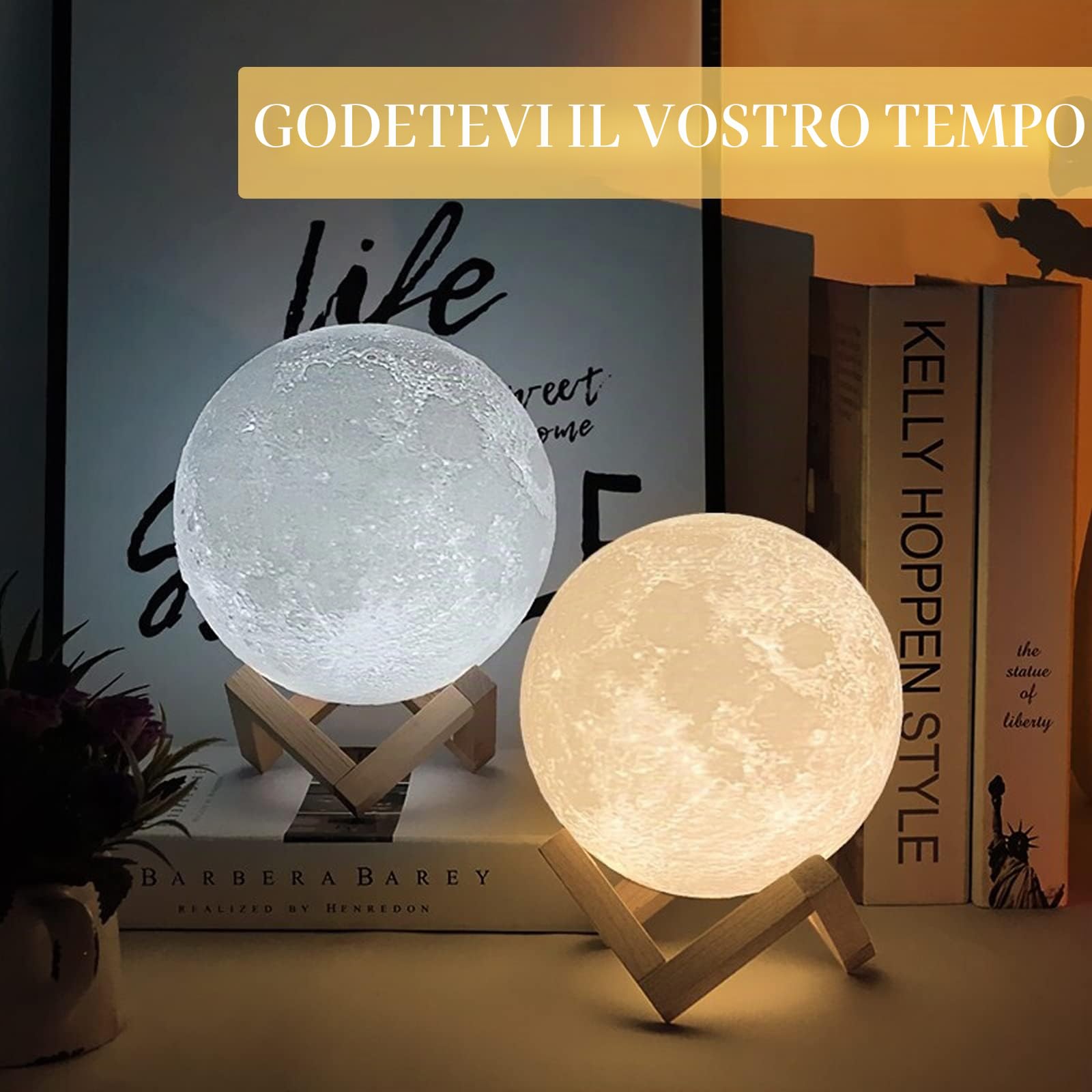 CPROSP Lampada Luna 3D Stampa 20cm 16 Colori RGB Telecomando Dimmerabile con Toccare il Controllo USB Ricaricabile Luce Notturna con adattatore di alimentazione [Classe di efficienza energetica A+]