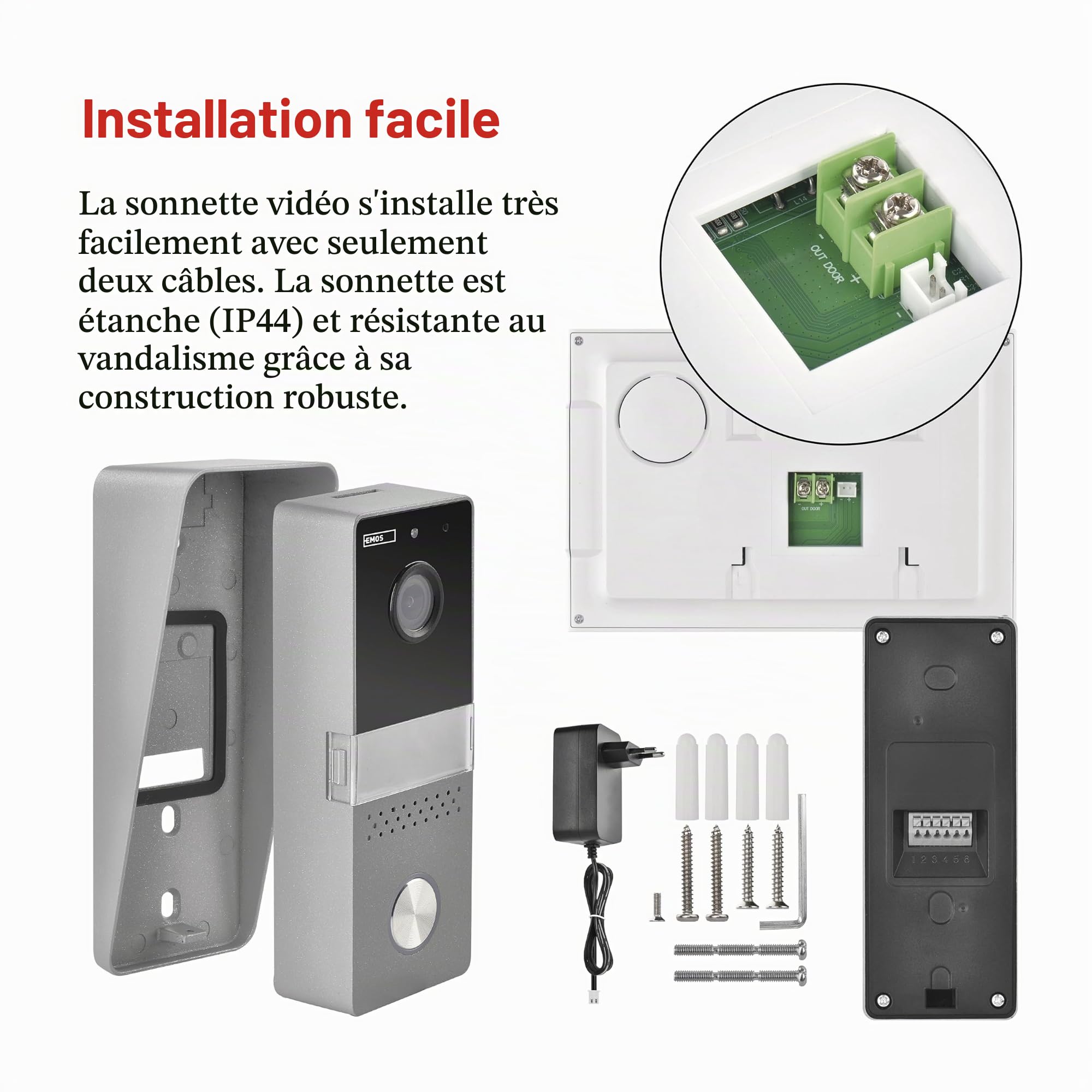 EMOS - Interphone vidéo, version 2 fils - Sonnette vidéo HD 720p - Caméra étanche avec vision nocturne, moniteur avec écran couleur de 7" - Installation facile avec bloc d'alimentation - Blanc/argenté