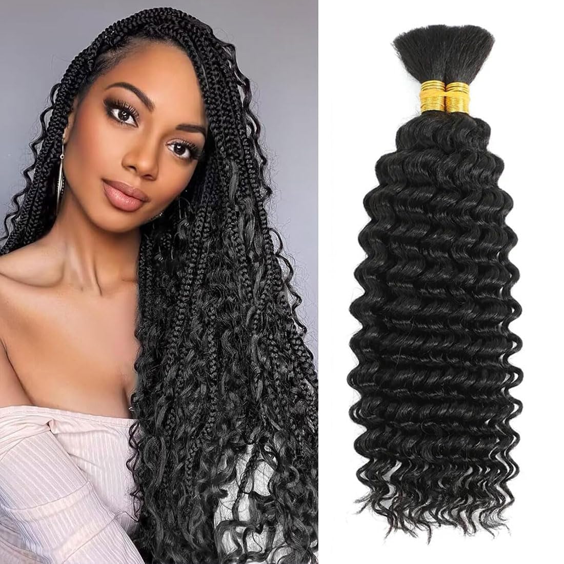 Human Braiding Hair for Boho Braids 12A Deep Water Wave Bulk Human Hair for Braiding No Weft Wet and Wavy Curly Human Hair Extensions (1B-Natural