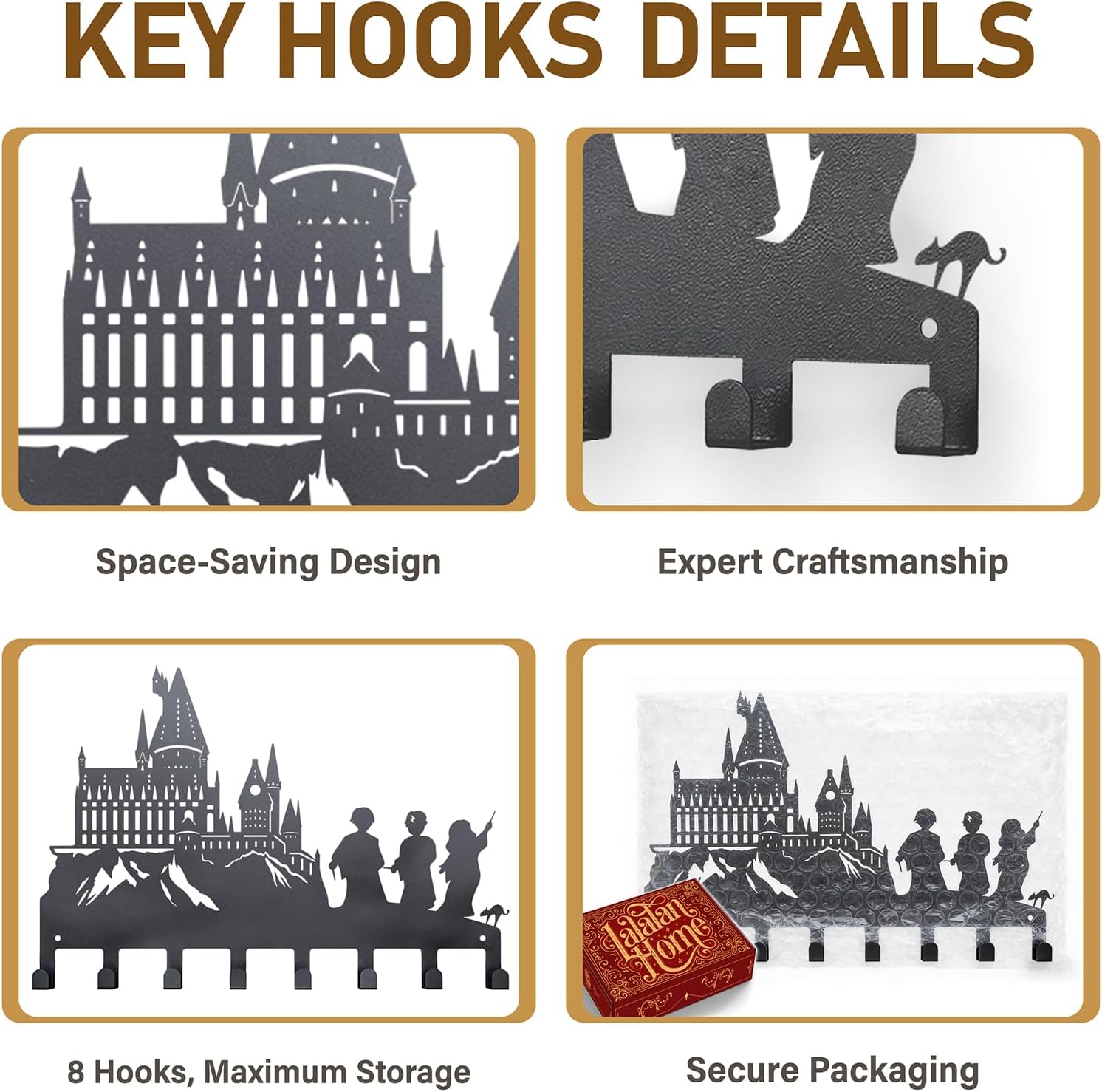Magic Castle Silhouette Key Holder – 8-Hook Black Metal Key Holder wall Mount for Keys & Accessories | Fantasy Home Decor & Gift for HP Fans