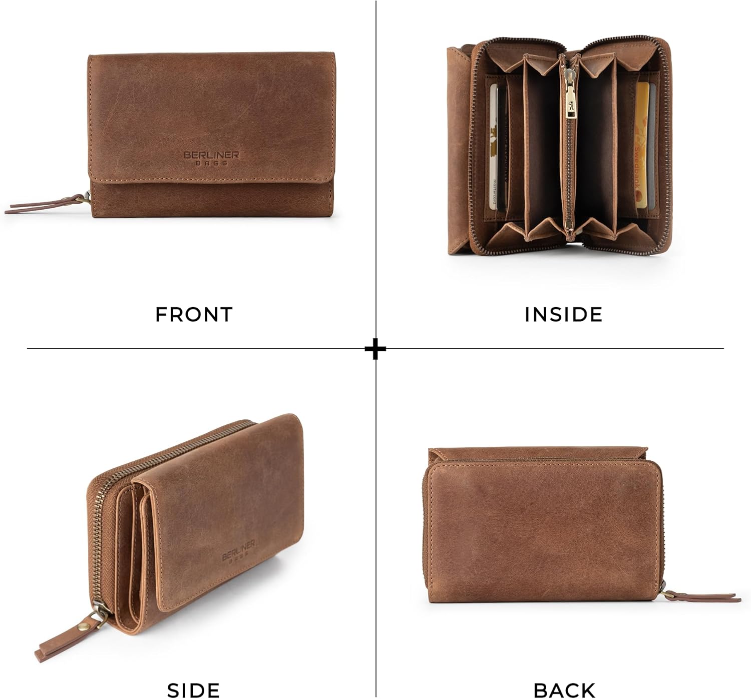 BERLINER BAGS Vintage Genuine Leather Wallet Vienna, RFID Blocking Credit Card Holder, Trifold Clutch Purses, Zip Around Womens Wallet for 19 cards, ID window, Bills, Coins - Brown - Image 6