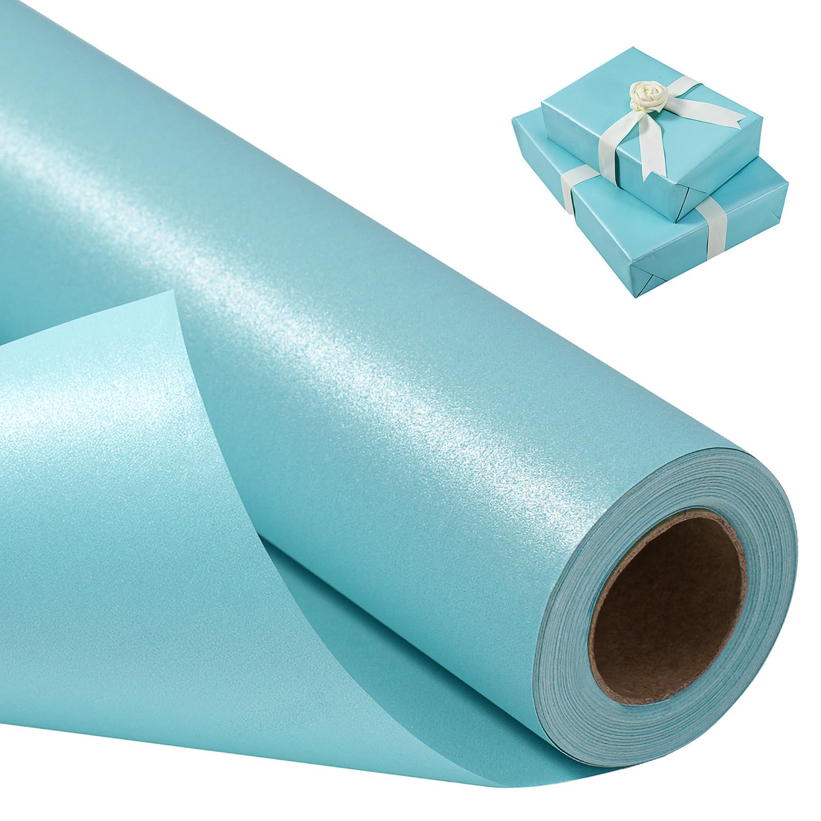Blue Wrapping Paper Roll, Reversible Pearly-Lustre Gift Wrap Paper Perfect for Wedding, Birthday, Christmas, Baby Shower - 43cm x 10m